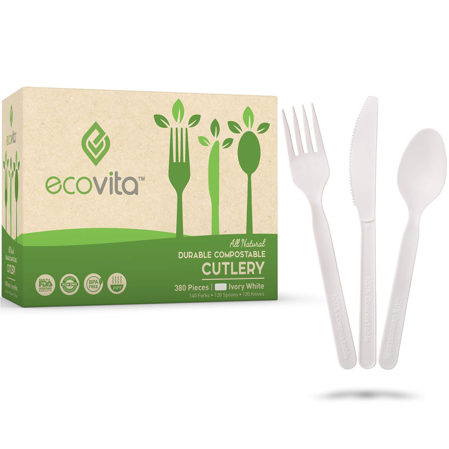 Eco-Friendly 100% Compostable Cutlery Set - 380 Large Disposable Forks, Spoons & Knives (7 Inch) | Durable, Heat-Resistant Alternative to Plastic Silverware with Convenient Tray | Perfect for Parties, Picnics, BBQs & Catering Events