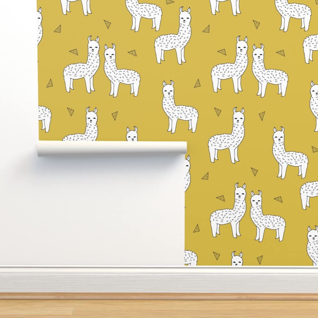Peel & Stick Wallpaper 9ft x 2ft - Alpaca & Llama Design in Mustard Yellow | Gender Neutral Nursery Decor | Removable Custom Wallpaper by Spoonflower | Perfect for Kids' Rooms, Dorm Decor & Home Accent Walls