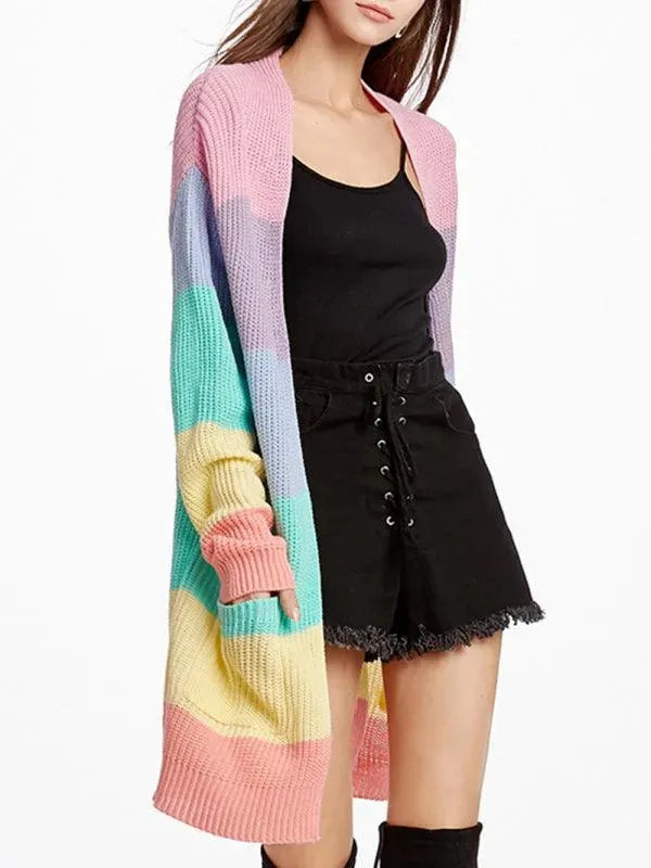 Rainbow Color Loose Knit Cardigan for Women - Soft Long Open Front Sweater for Casual Outfits, Office Wear & Layering