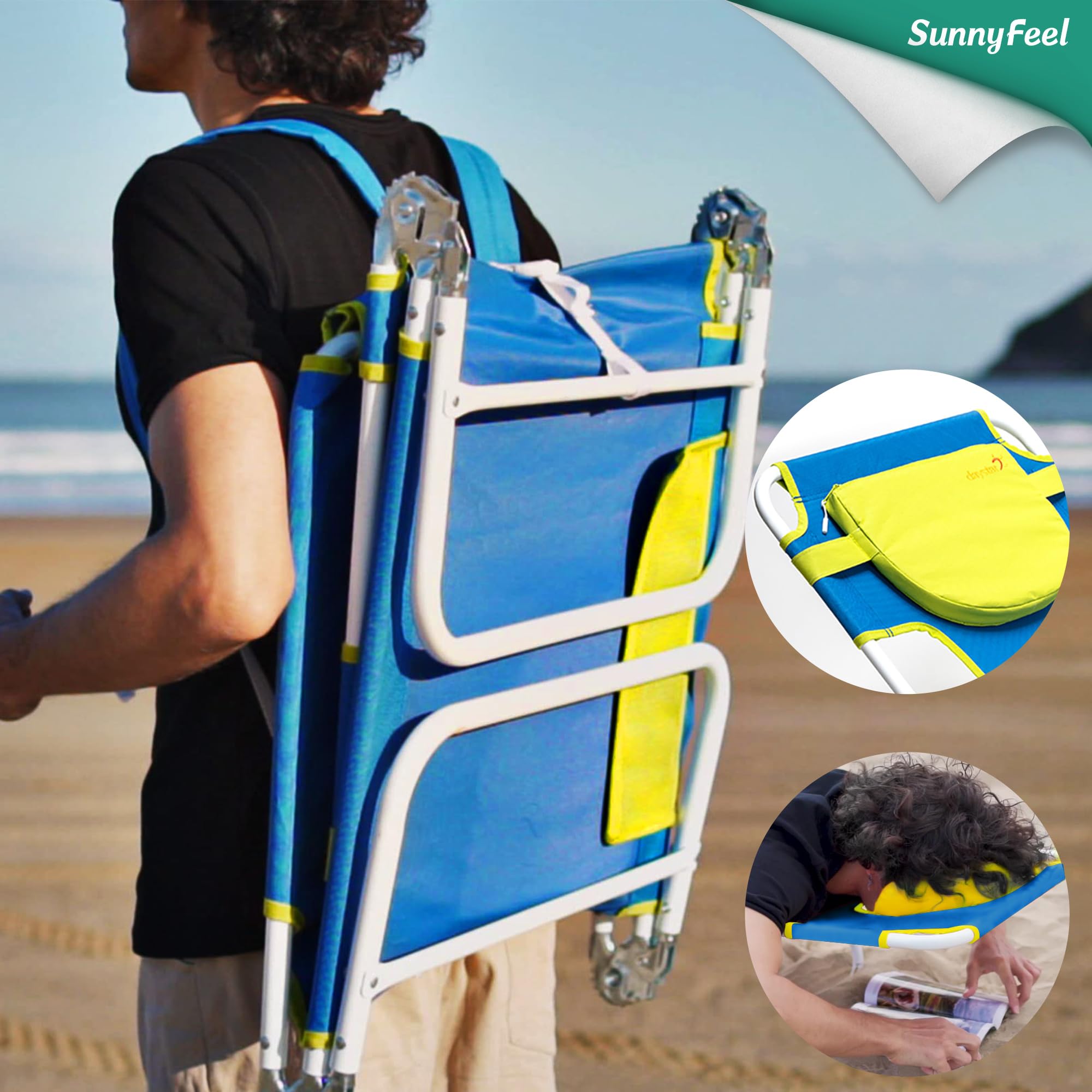 SUNNYFEEL Portable Folding Beach Lounge Chair - Adjustable Reclining Backpack Beach Chair for Tanning, Camping & Picnics | Lightweight Sunbathing Chair with Carry Straps for Outdoor, Lawn, Poolside & Travel Use
