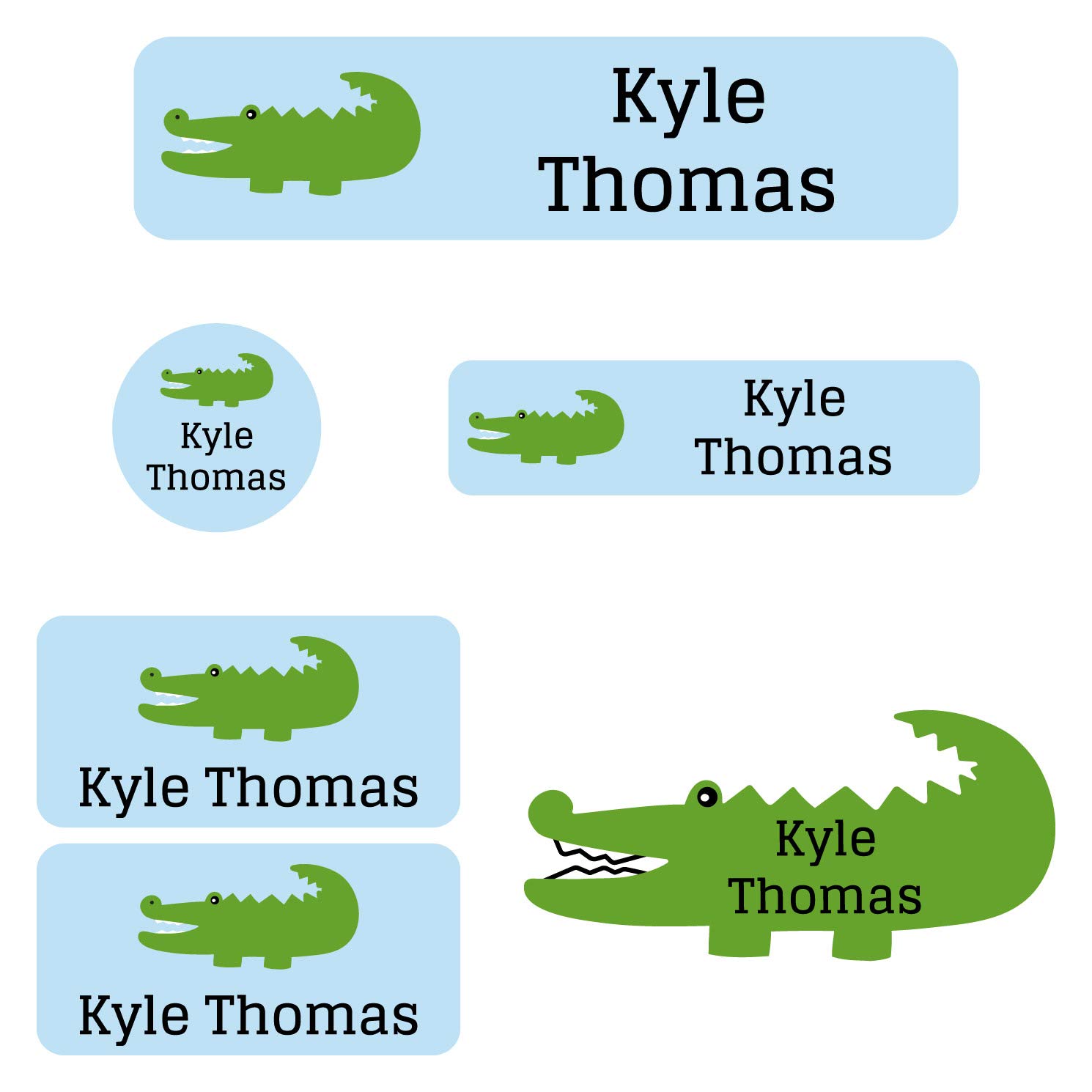 Custom Name Labels for Daycare - 99 Waterproof Personalized Stickers (5 Sizes) | Name Bubbles for Clothing, Toys, Books, Water Bottles, Lunch Boxes & Shoes | Perfect for School, Camp & Organization (Alligator Design)