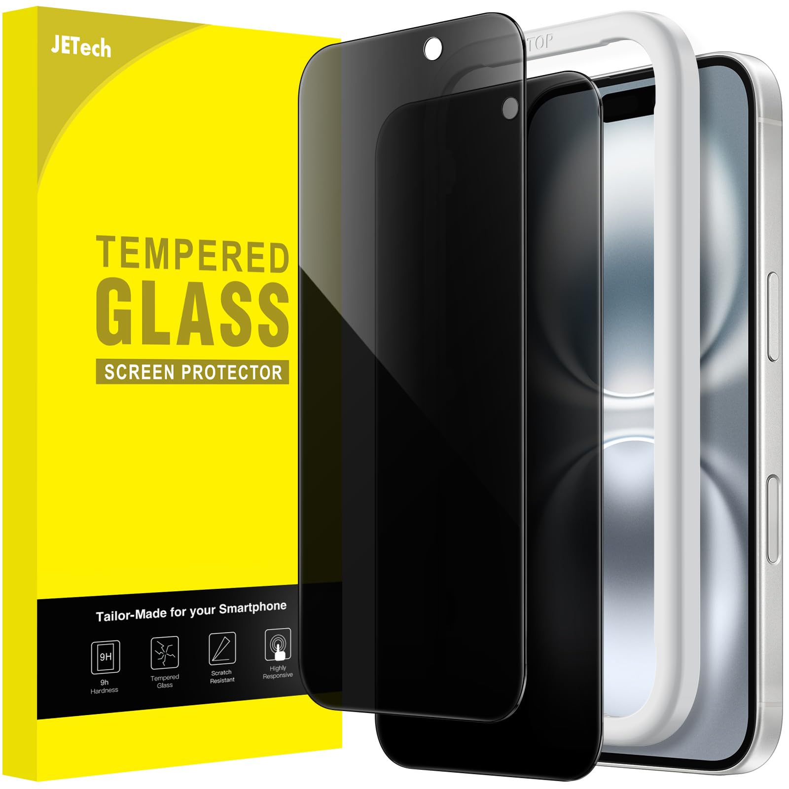 JETech Privacy Screen Protector for iPhone 16 (6.1-Inch) - Anti-Spy Tempered Glass with Easy Installation Kit - 2 Pack - Perfect for Office, Travel & Public Use