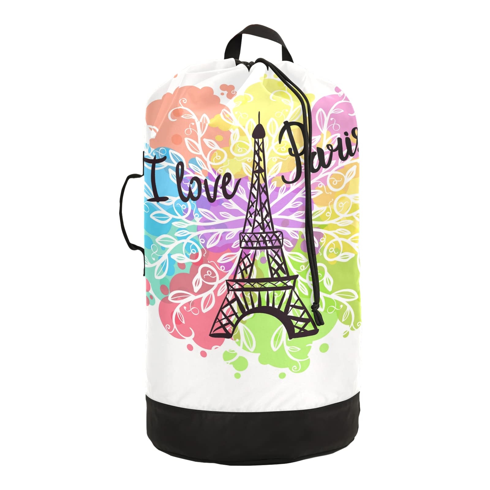 Paris Eiffel Tower Laundry Backpack - Drawstring Closure Clothes Hamper Bag for College, Travel, Laundromat & Apartment | Portable Washing Bag for Dorms, Gym & Camping