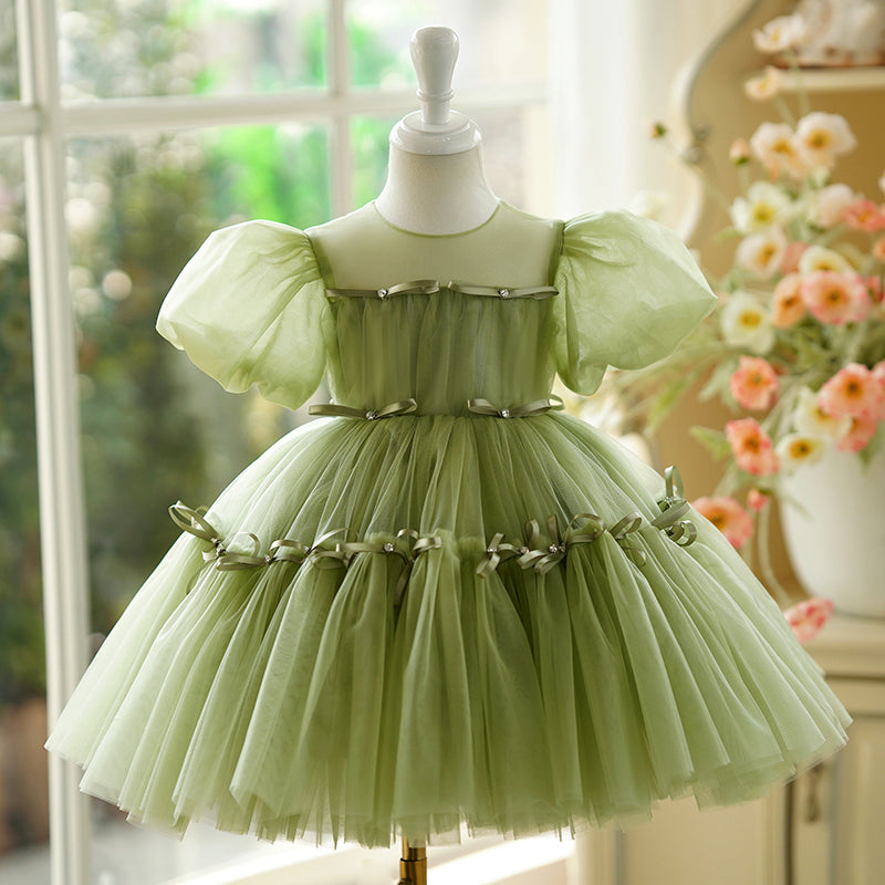 Elegant Green Mesh Party Dress for Baby Girls | Toddler Baptism Dress | Perfect for Birthday Parties, Christenings & Special Occasions