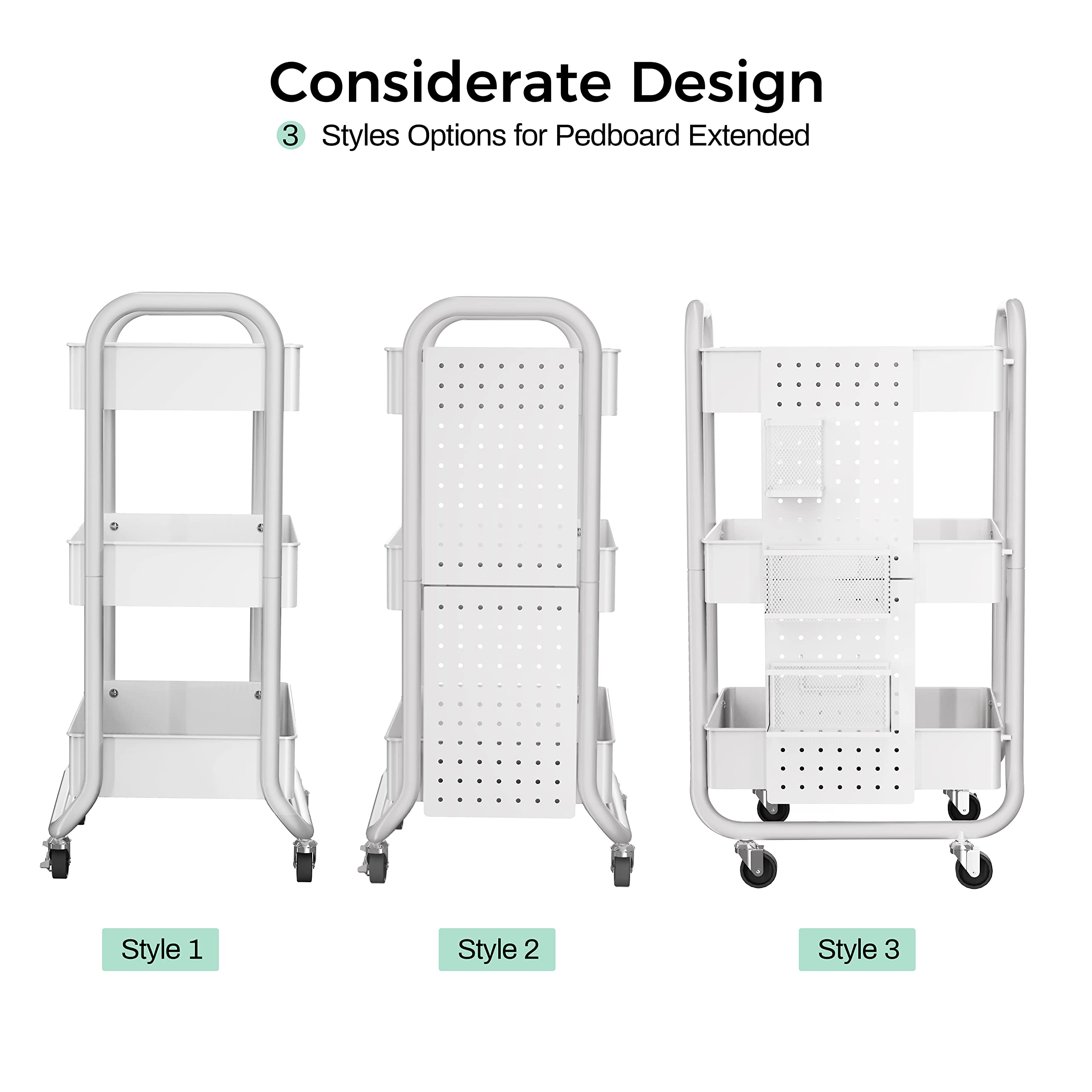 DESIGNA 3-Tier Rolling Utility Cart with Handle - Metal Storage Cart with Removable Pegboard & 3 Accessories - Easy Assembly Organizer for Kitchen, Bathroom, Office, Craft Room - White (Perfect for Home Organization & Mobile Storage Solutions)