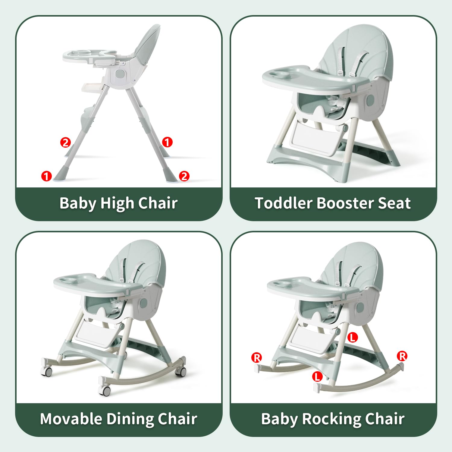 4 in 1 Foldable Baby High Chair with Removable Tray, Safety Belt, Adjustable Footrest & Wheels - Convertible Toddler Feeding Chair for Dining, Travel & Home Use - Green