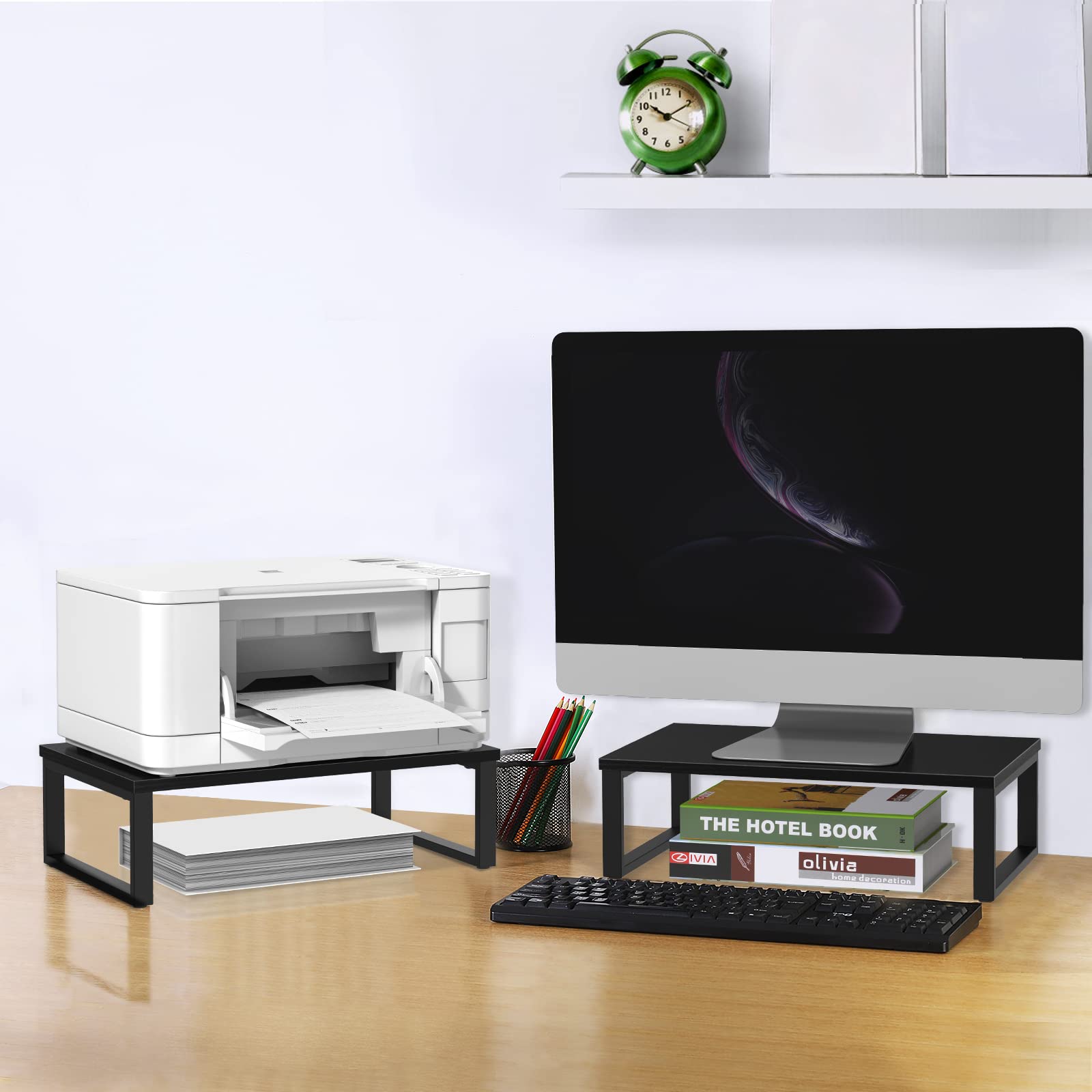 2 Pack Black Wood Monitor Stand Riser with Storage - Adjustable Laptop & Computer Desk Organizer, Desktop Printer Shelf, PC Monitor Lift for Home Office & Gaming Setup