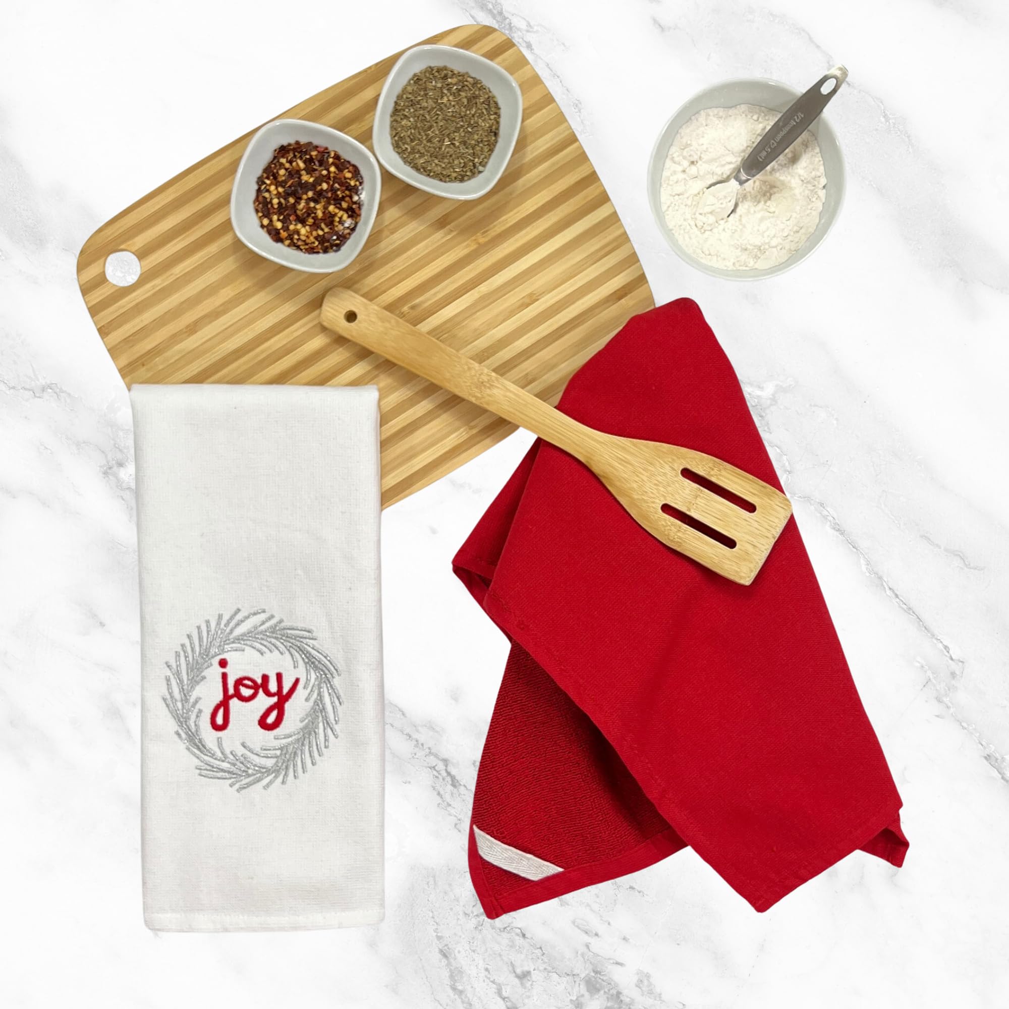 Christmas Joy Holiday Kitchen Hand Towels - Contemporary Silver Red Embroidered White Waffle Towels for Festive Decor & Gift Giving | Perfect for Holiday Parties, Home Decor & Hostess Gifts