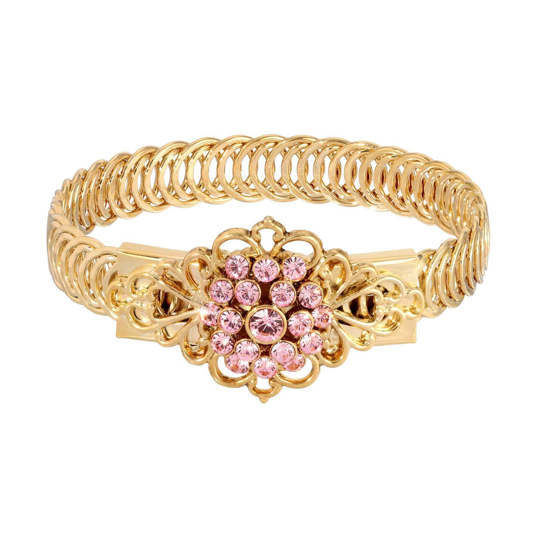 1928 Jewelry Gold Dipped Crystal Flower Overlay Belt Bracelet for Women - Vintage Style Adjustable Chain Bracelet - Perfect for Weddings, Parties & Special Occasions