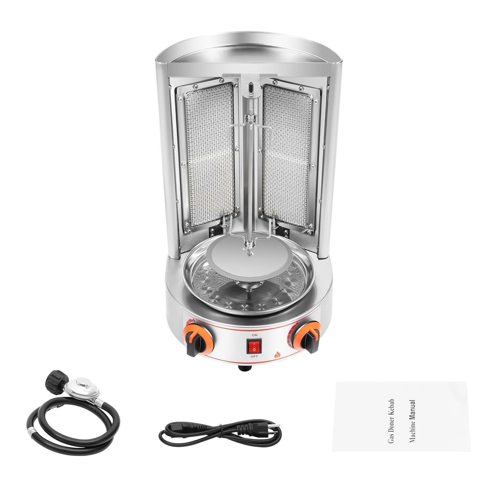 3KW Commercial Electric Vertical Broiler - Gas Doner Kebab Machine, Shawarma Rotisserie Grill with 2 Burners for Gyro, 3.28Ft Power Cord & 2.95Ft Gas Hose - Perfect for Restaurants, Food Trucks, and Catering Businesses