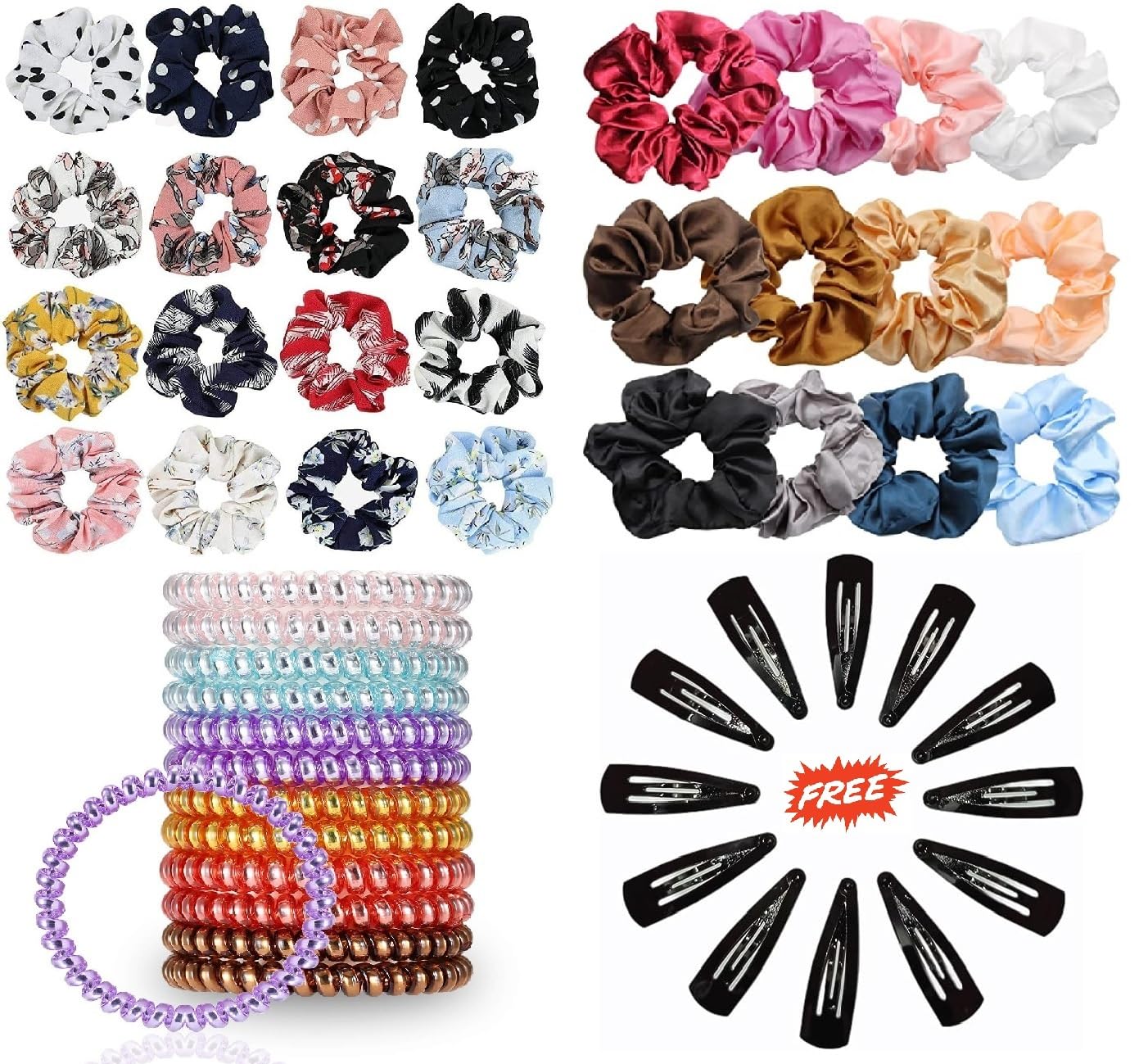 Snowpearl 15-Piece Stylish Hair Accessories Set - Satin Scrunchies, Printed Hair Ties, Spiral Bands & Free 12 Metal Hair Clips | Perfect for School, Work, Gym & Everyday Hairstyles