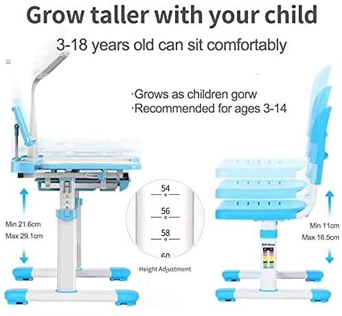 Adjustable Kids Desk and Chair Set - Ergonomic Study Table for Children with Book Stand, Drawer & LED Light - Perfect for Home Schooling, Online Learning & Art Activities (Blue)