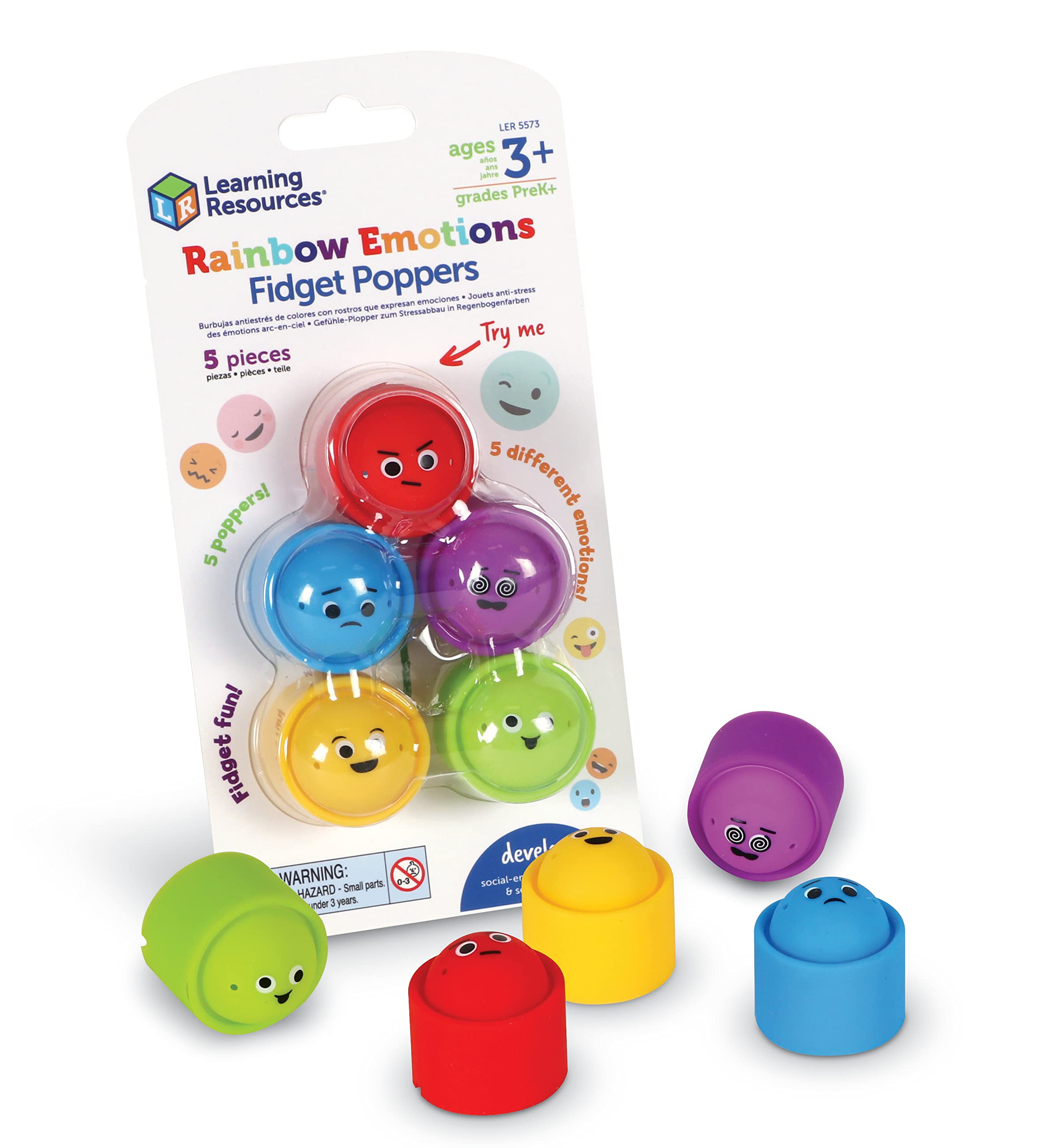 Learning Resources Rainbow Emotion Fidget Poppers - 5-Piece Sensory Toy Set for Social Emotional Learning, Stress Relief & Focus - Toddler Sensory Toys for Autism, ADHD, Anxiety - Perfect for Easter Basket Stuffers, Classroom & Home Use (Ages 3+)