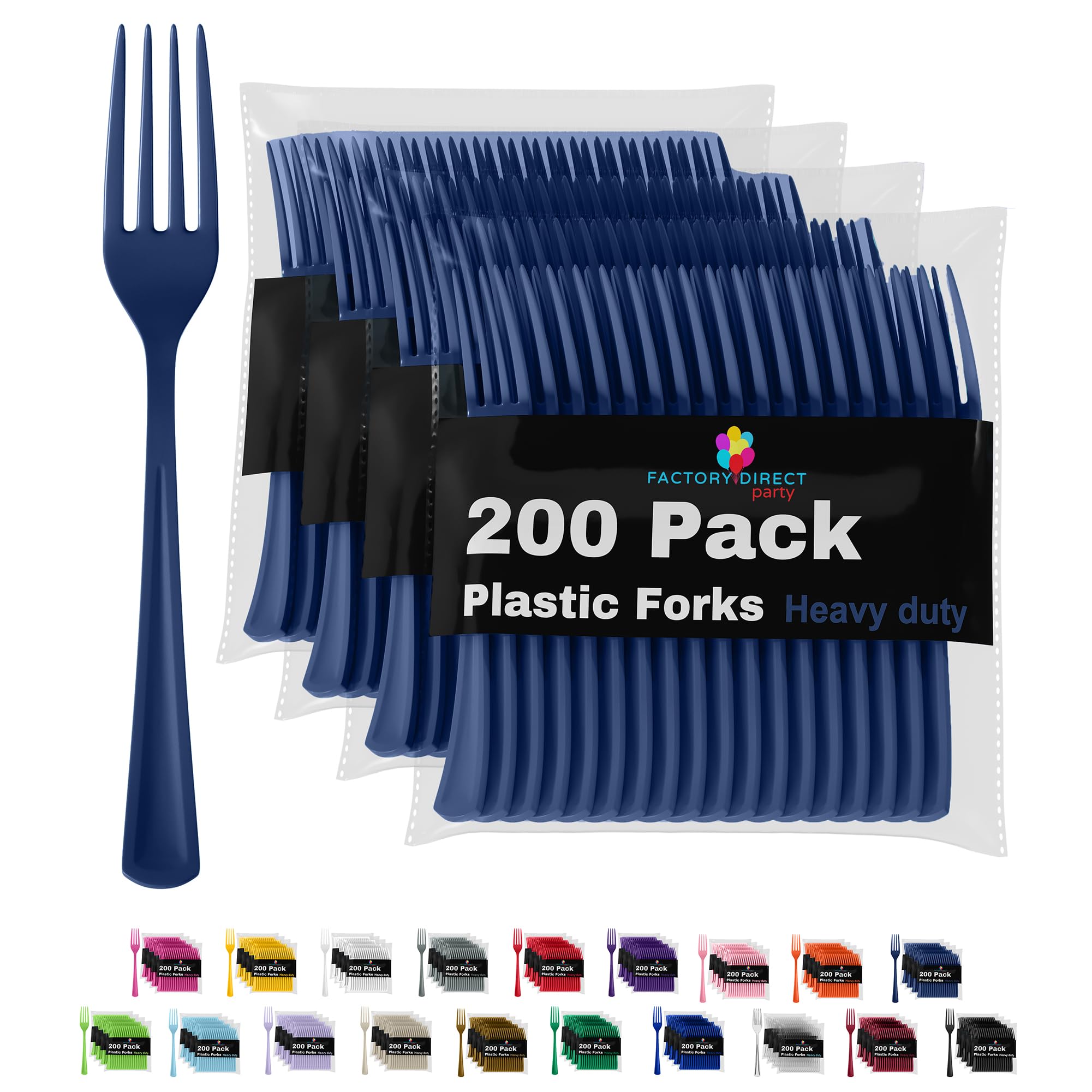 200-Pack Heavy Duty Navy Blue Plastic Forks - Disposable Cutlery Set for Parties, Picnics, BBQs & Events - Durable Plastic Flatware for Outdoor Dining & Catering