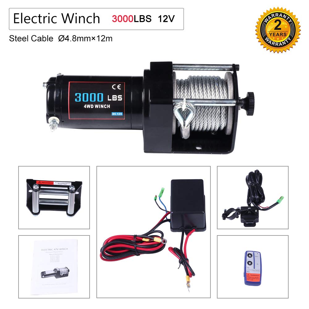 12V 3000 lbs Electric Winch - Heavy Duty Recovery Winch for Truck, SUV, ATV, Boat & Trailer with Steel Cable & Wireless Remote Control - Off-Roading, Towing & Vehicle Recovery Scenarios