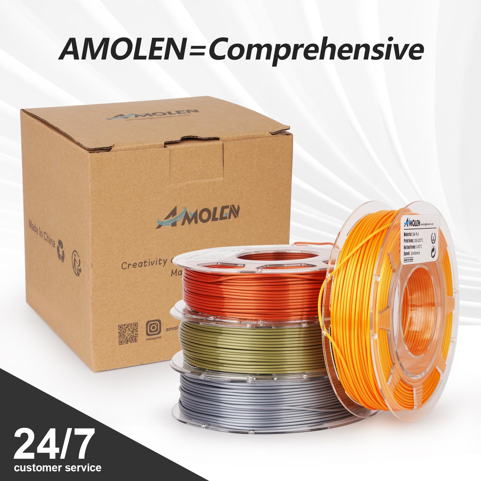 Premium AMOLEN PLA 3D Printer Filament Bundle - 1.75mm Silk PLA Filament in Gold, Silver, Bronze & Red Copper (200g x 4 Spools) for 3D Printing, DIY Projects, Cosplay Props & Home Decor