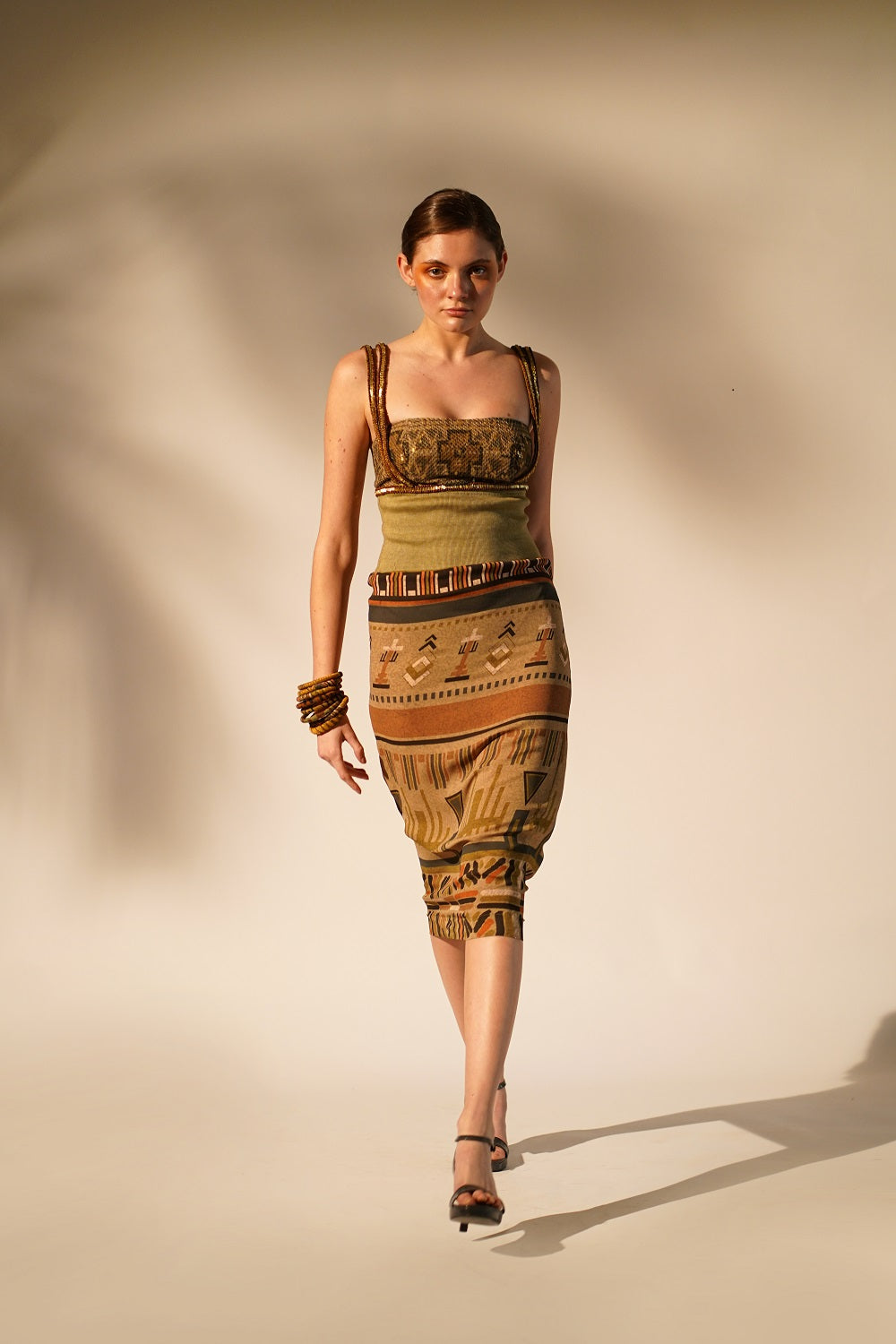 Stylish Green Aztec Print Rib Dress with Hand Thread & Wooden Embellishments - Perfect for Boho Chic Outfits, Festivals, and Summer Parties