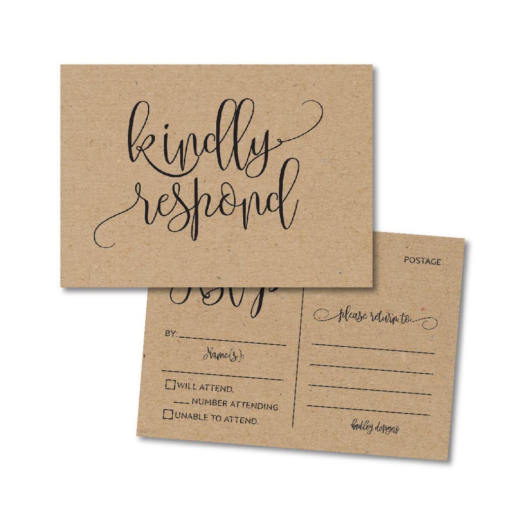 Hadley Designs 25 Blank Rustic RSVP Cards - Kraft Card Stock Postcards for Weddings, Bridal Showers, Baby Showers & Parties | No Envelopes Needed | Perfect for DIY Invitations and Event Responses