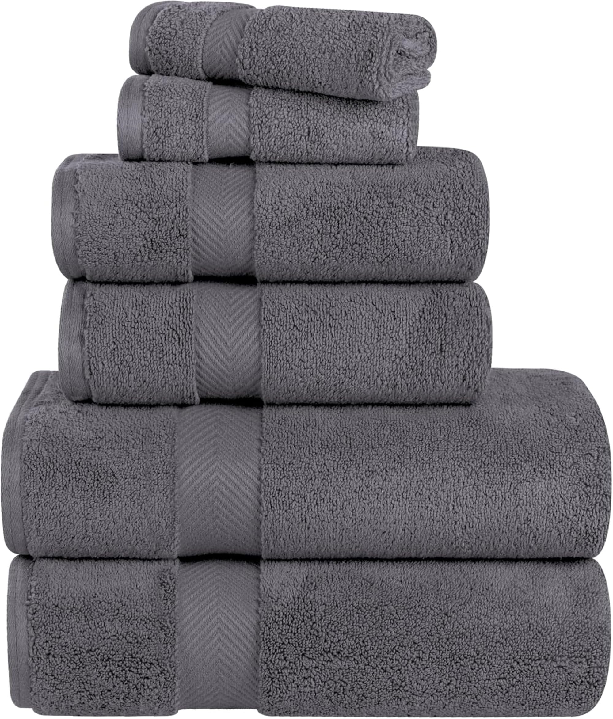 Premium 100% Cotton Bath Towel Set - 6 Piece Ultra Soft & Absorbent Luxury Towels (2 Washcloths, 2 Hand Towels, 2 Bath Towels) - Grey - Perfect for Spa, Bathroom & Hotel Use