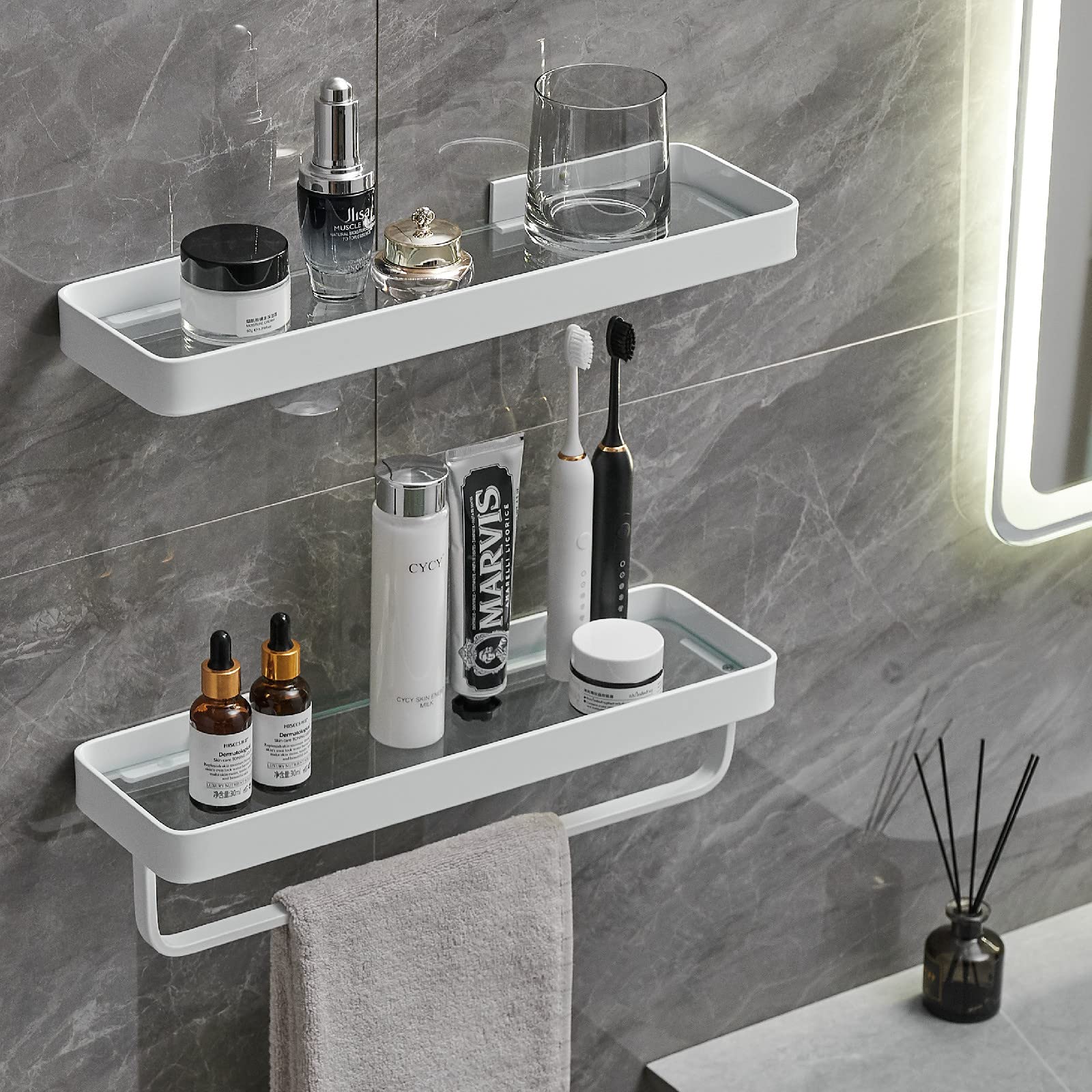 VOLPONE 2-Tier Wall Mounted Bathroom Shelves - Tempered Glass Floating Shelf for Shower, Toiletries & Organizer - White - Perfect for Small Bathrooms & Modern Home Decor