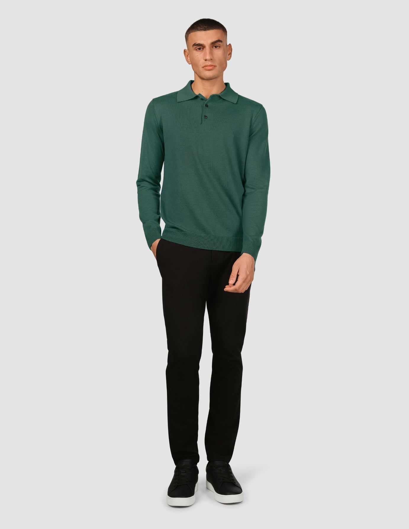 Premium Men's Knit Long Sleeve Polo Shirt - Comfortable Shadow Green Casual Top for Work & Outdoor Activities