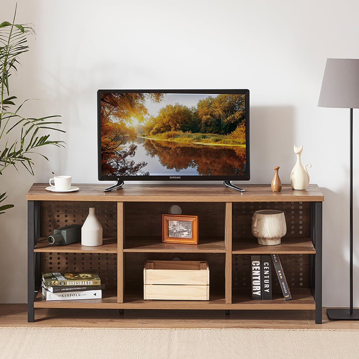 LVB 75 Inch TV Stand - Industrial Rustic Entertainment Center with Storage Shelves, Modern Wood & Metal TV Cabinet for Living Room & Bedroom (Rustic Oak, 63 Inch) - Perfect for Home Theater Setup & Media Organization