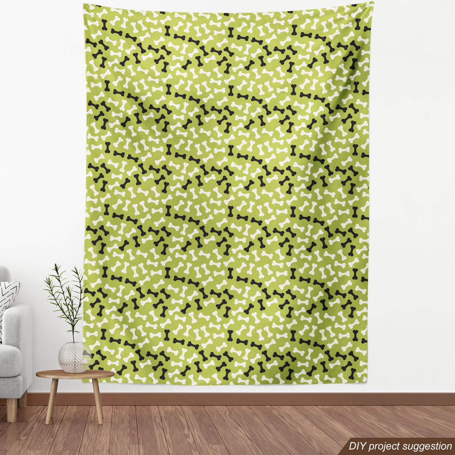 Lunarable Dog Bone Fabric by The Yard - Domestic Dog Breeds Nutrition Theme Abstract Bones Pattern Print - Decorative Upholstery Fabric for Pet Beds, Dog Blankets & Home Accents in Black, White & Apple Green - Perfect for DIY Dog Accessories & Pet-Friendly Home Decor