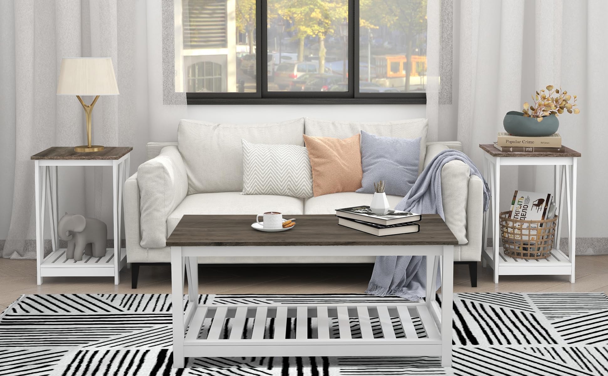 Farmhouse Coffee Table and End Table Set - 2-Tier Wooden Living Room Furniture with Slatted Base in Dark Oak - Perfect for Cozy Living Rooms, Family Gatherings & Home Decor