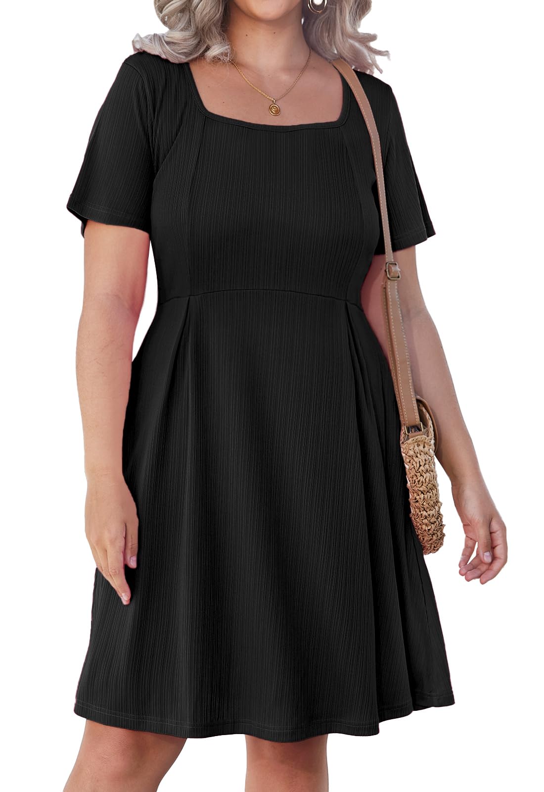 Plus Size Women's Short Sleeve Summer Dress - Square Neck Flowy Swing Knee-Length Casual Dress with Pockets | Perfect for Beach, Vacation & Everyday Wear