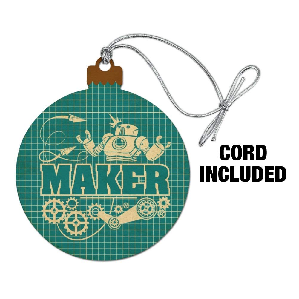 Robot and Gears Wooden Christmas Tree Ornament - Blueprint Design Holiday Decoration for Xmas Tree | Perfect for Festive Home Decor, DIY Crafts & Unique Gift Giving