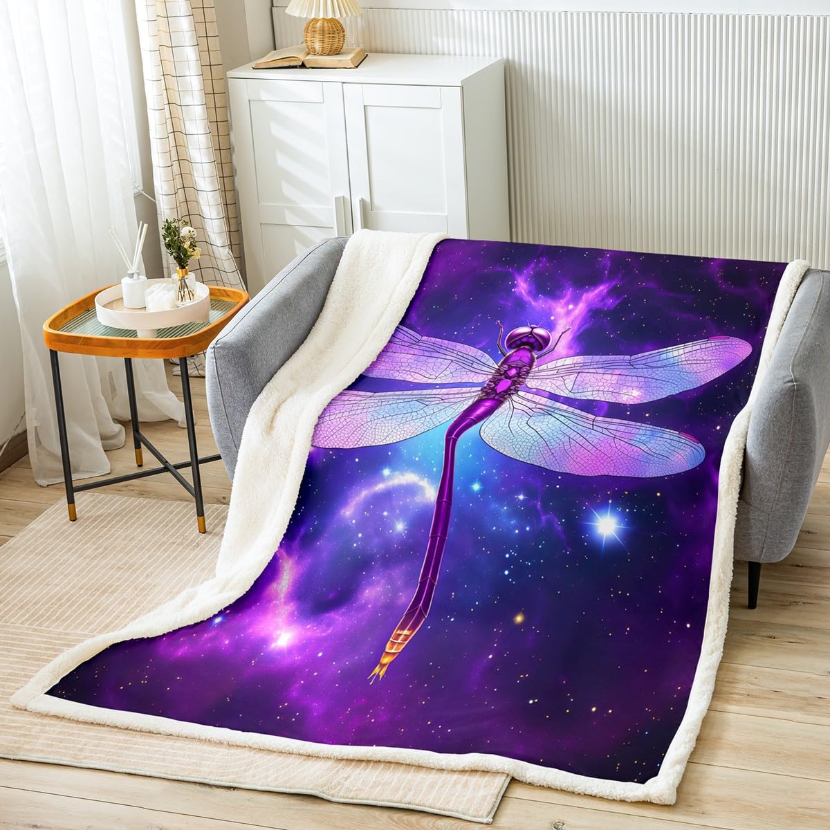 Feelyou Girls Dragonfly Fleece Blanket - Purple Blue Galaxy Plush Throw Blanket for Sofa, Couch, Bed - Soft Sherpa Blanket with Boho Starry Sky Design - Twin Size 60
