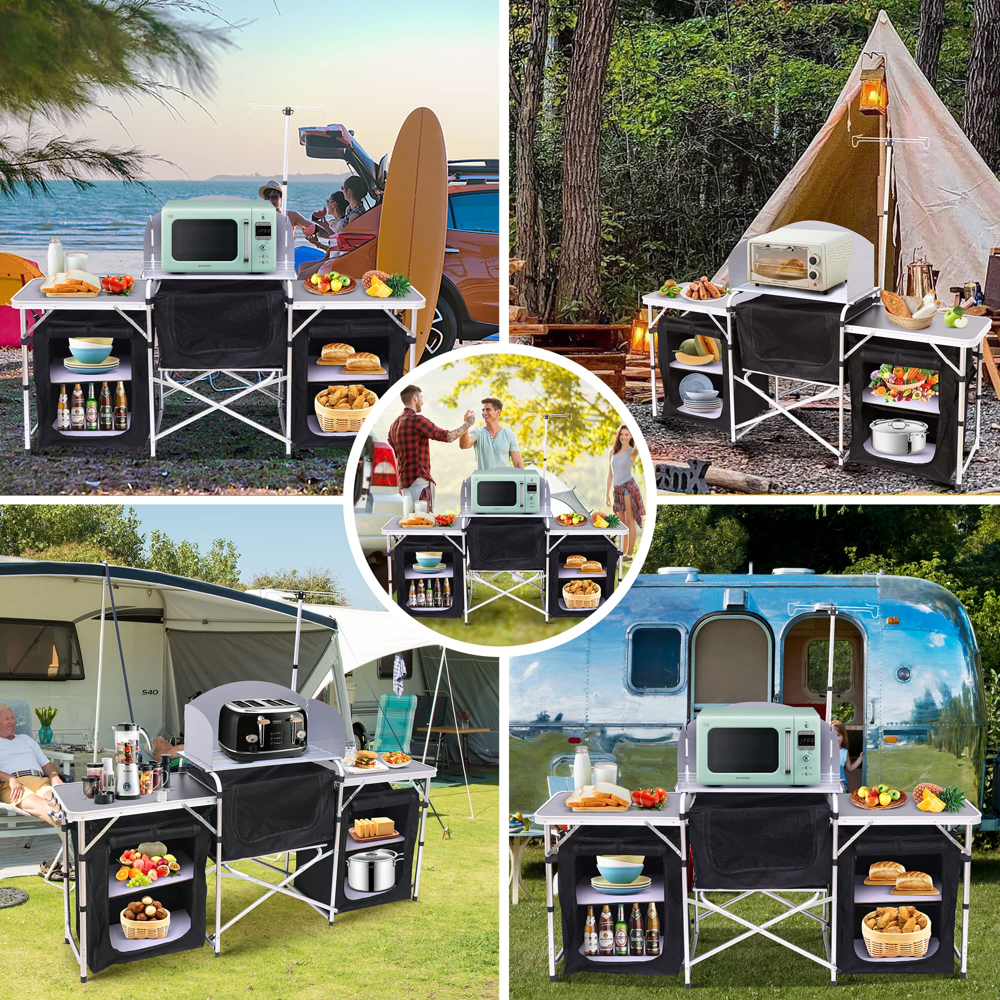 Portable Camping Kitchen Table with Adjustable Light Stand - Foldable Outdoor Cooking Station for Picnics, BBQ & Camping (Silver) - Perfect for Backyard, RV & Tailgating