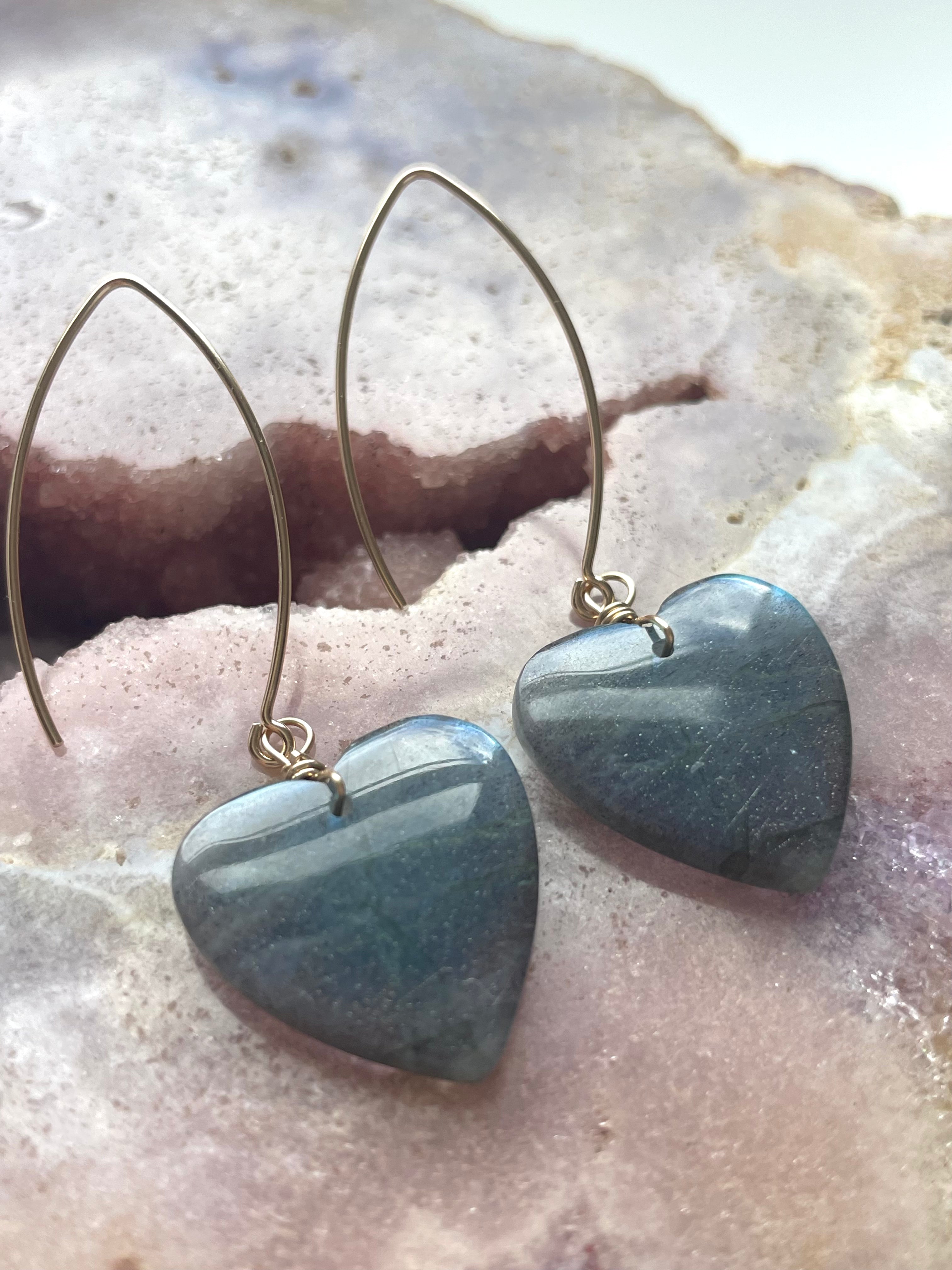 Statement Gold Labradorite Heart Dangle Drop Crystal Earrings for Women | Elegant Bohemian Jewelry for Party, Wedding & Special Occasions
