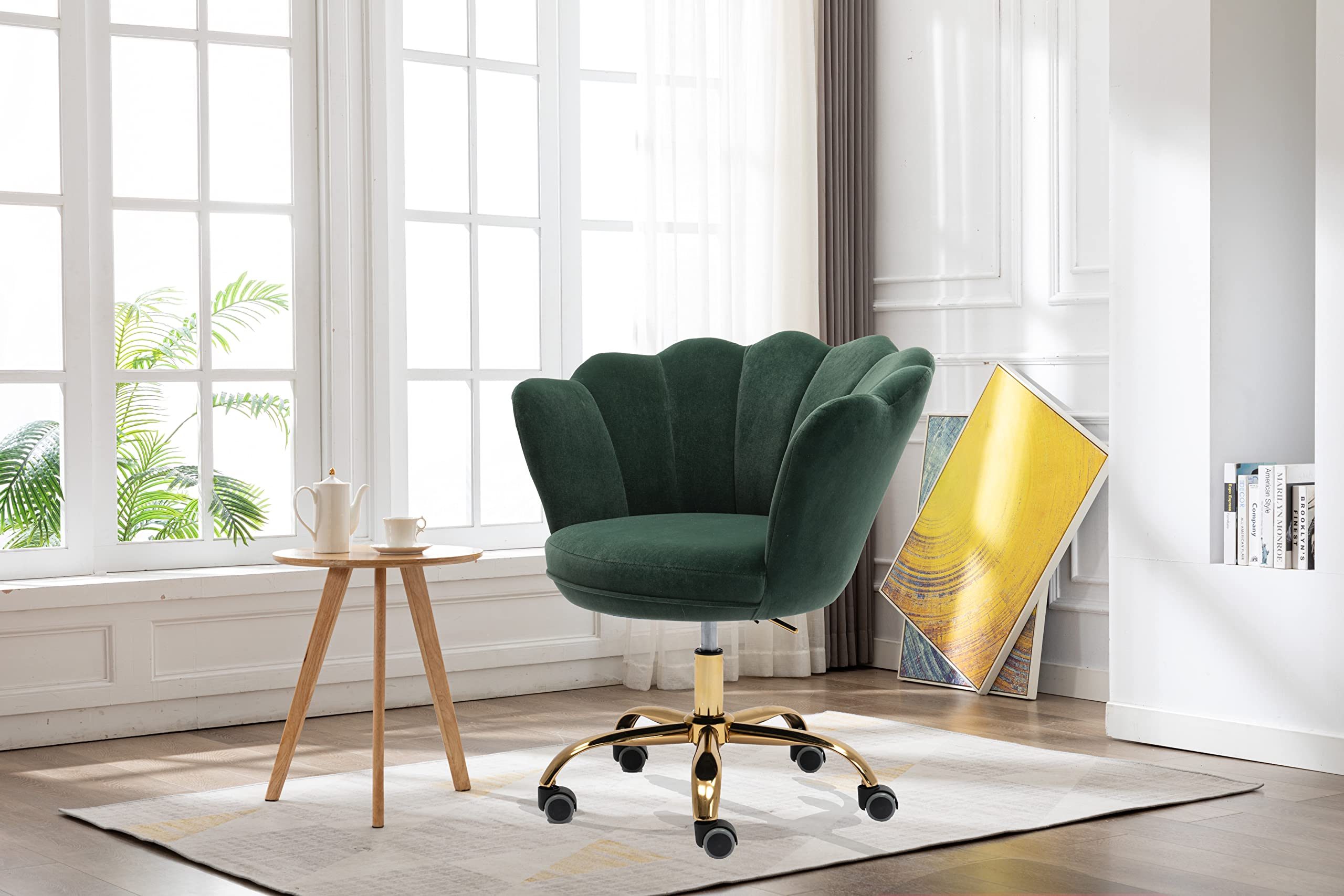 Ergonomic Home Office Desk Chair with Wheels - Adjustable Swivel Task Chair for Work, Study & Makeup - Velvet Upholstered Vanity Chair for Living Room & Bedroom (Dark Green) - Perfect for Remote Work, Gaming & Beauty Stations