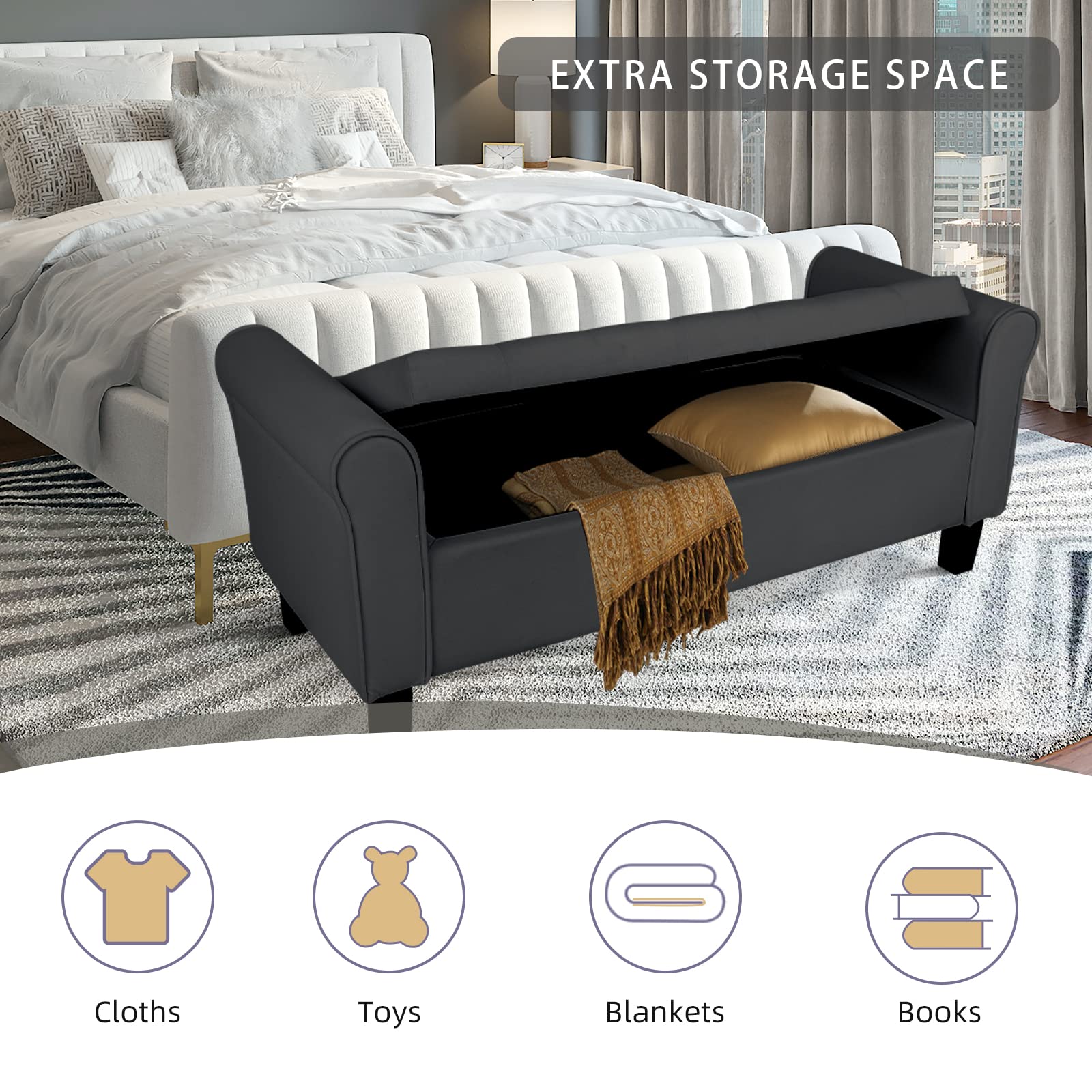 Velvet Storage Ottoman Bench with Arms - Black Button Tufted Footrest Seat for Bedroom, Entryway & Hallway | Multi-Functional Storage Bench for Living Room, Dorm & Home Decor (Black)