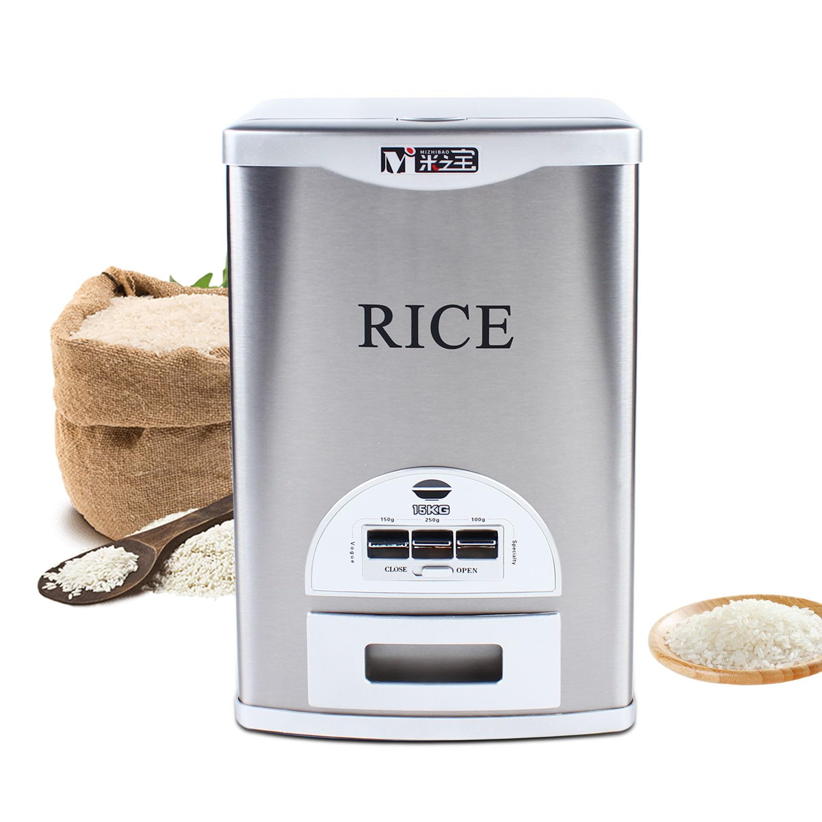Automatic Rice Dispenser Machine - 15kg/33lbs Large Capacity Stainless Steel Food Storage Container for Kitchen, Pantry & Restaurant Use