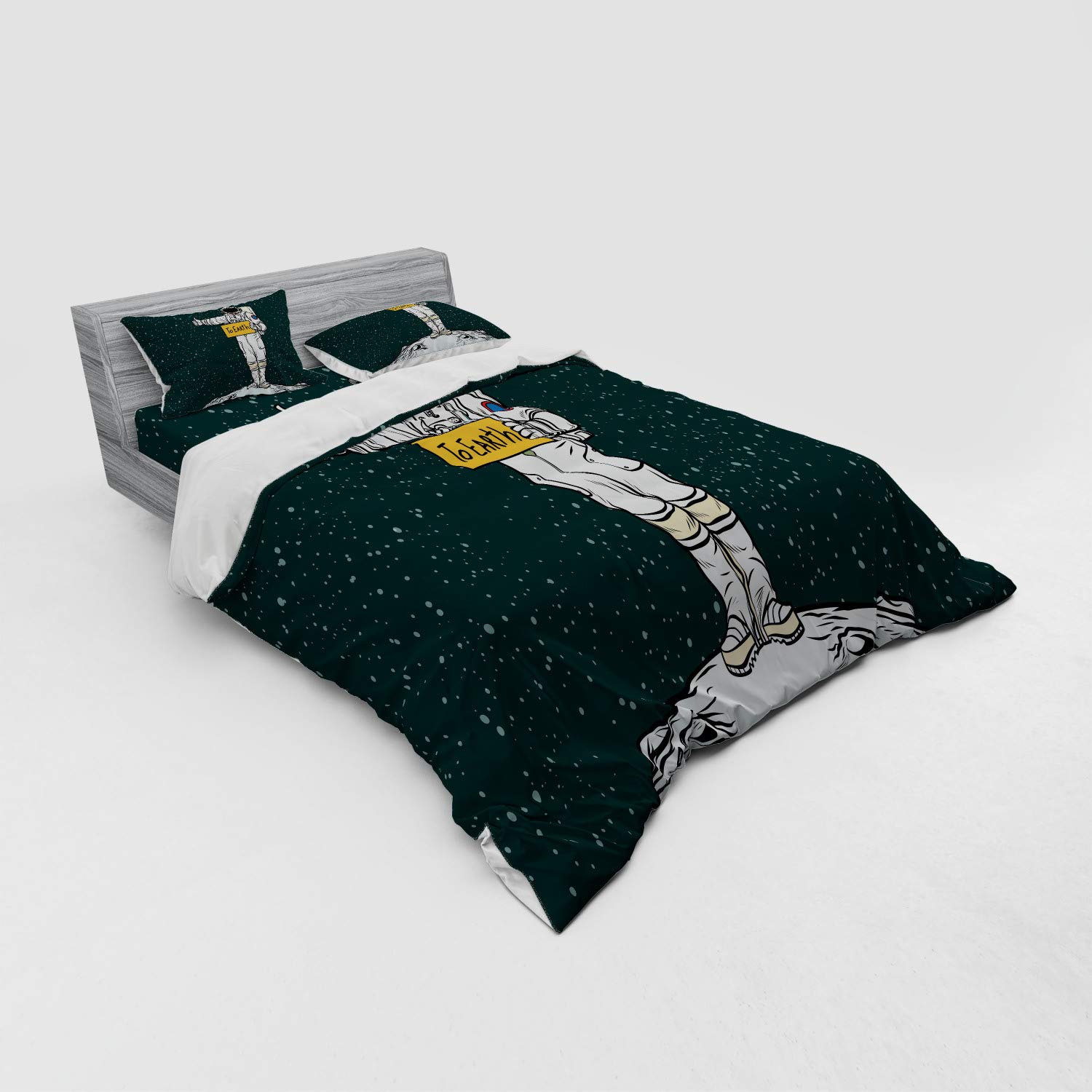 Ambesonne Funny Astronaut Hitchhiking Duvet Cover Set - 4 Piece Space Travel Bedding with Shams & Fitted Sheet, Queen Size, Multicolor - Perfect for Sci-Fi Lovers & Space-Themed Bedrooms