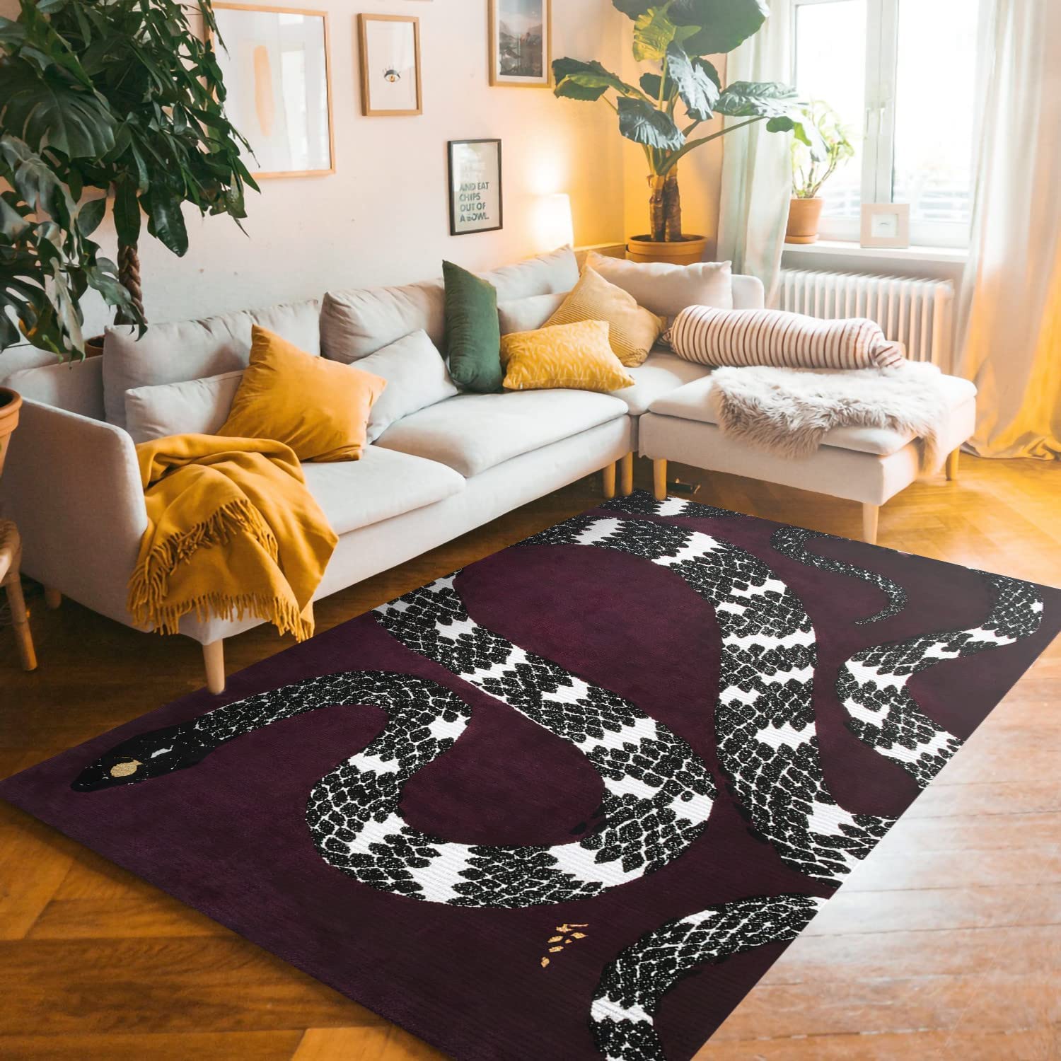 Elegant Gothic Snake Area Rug - Halloween Witch-Serpent Decor, Classic Black Animal Print Rug for Living Room, Bedroom, or Witchy Home Decor (4x6, 3x5, 5x7 ft) - Perfect for Gothic Themed Parties, Halloween Decorations & Nautical Style Interiors