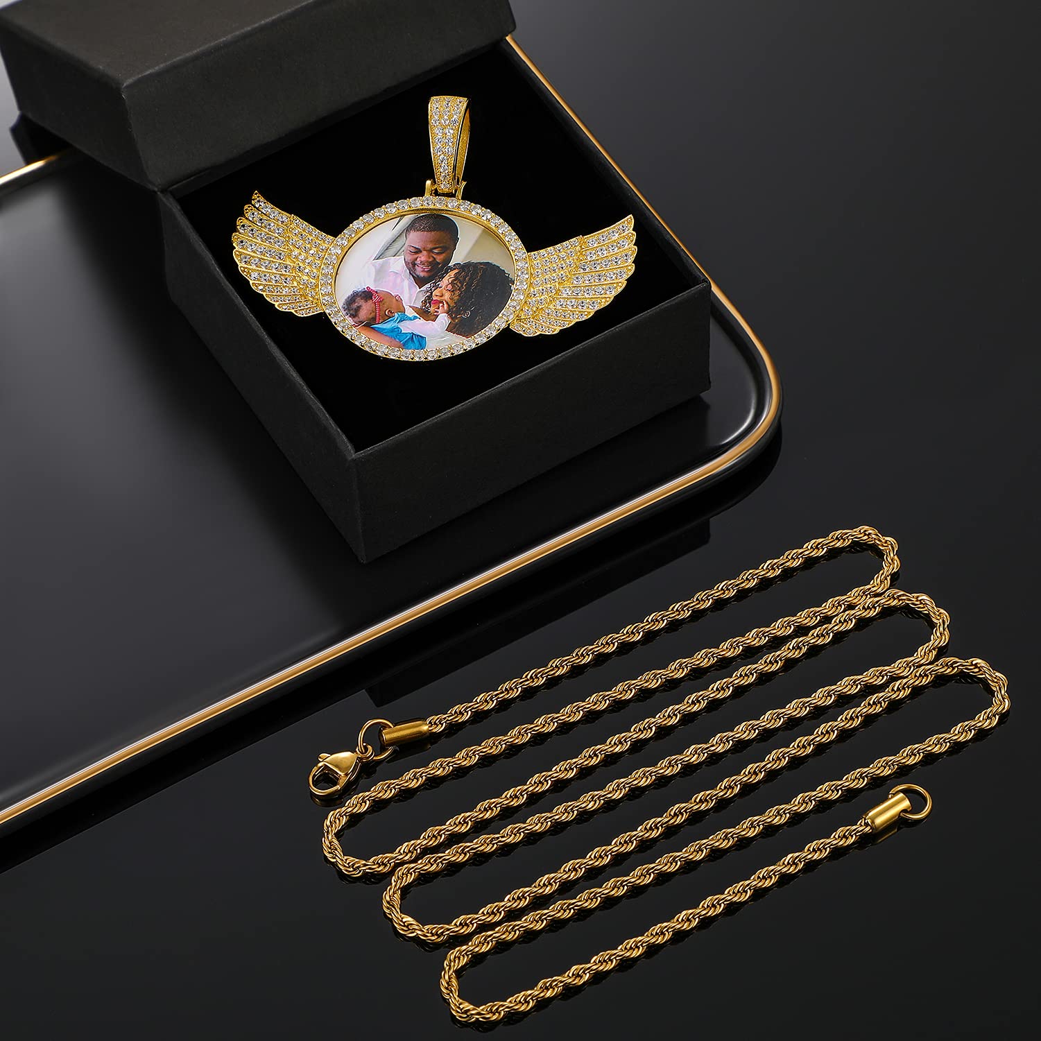 925 Sterling Silver Custom Photo Necklace with Wings - Personalized Memorial Pendant for Women & Men - Hip Hop Jewelry with Image - Iced Out Picture Chain - Perfect Gift for Anniversaries, Birthdays & Memorials (Includes Gift Box)