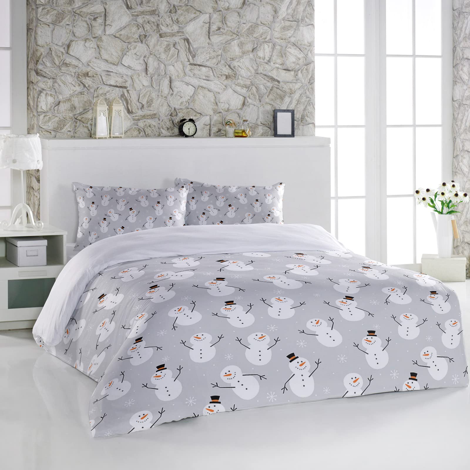 California King Duvet Cover Set - 3 Piece Winter White Cartoon Snowman Printed Luxury Comforter Cover with 2 Pillow Shams | Soft & Cozy Bedding for Christmas Decor & Bedroom Upgrade