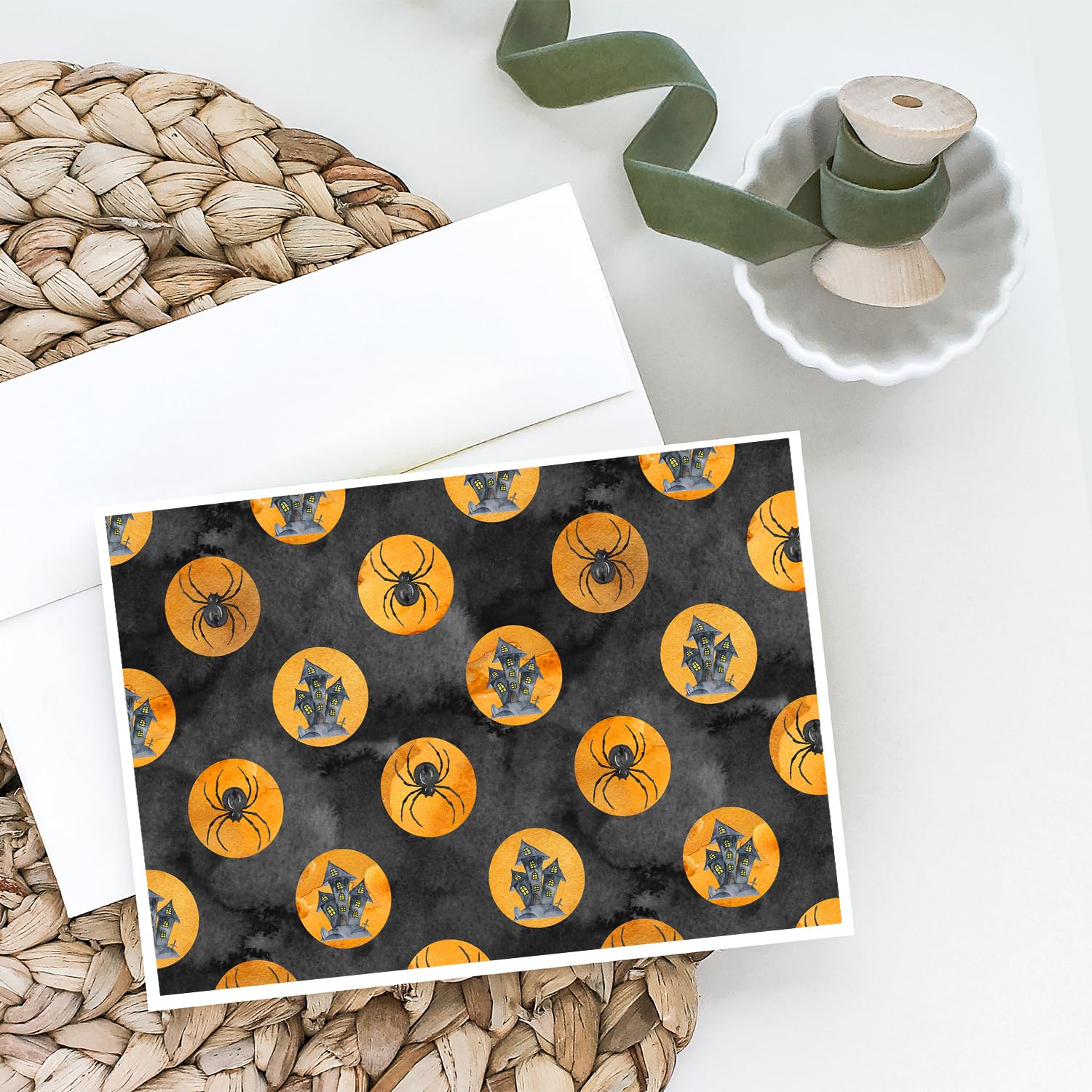 Watercolor Halloween Circles Greeting Cards - Pack of 8 Blank A7 Note Cards (5x7 inches) with Envelopes | Whimsical Handmade Design for Halloween Party Invitations, Thank You Notes & Seasonal Greetings