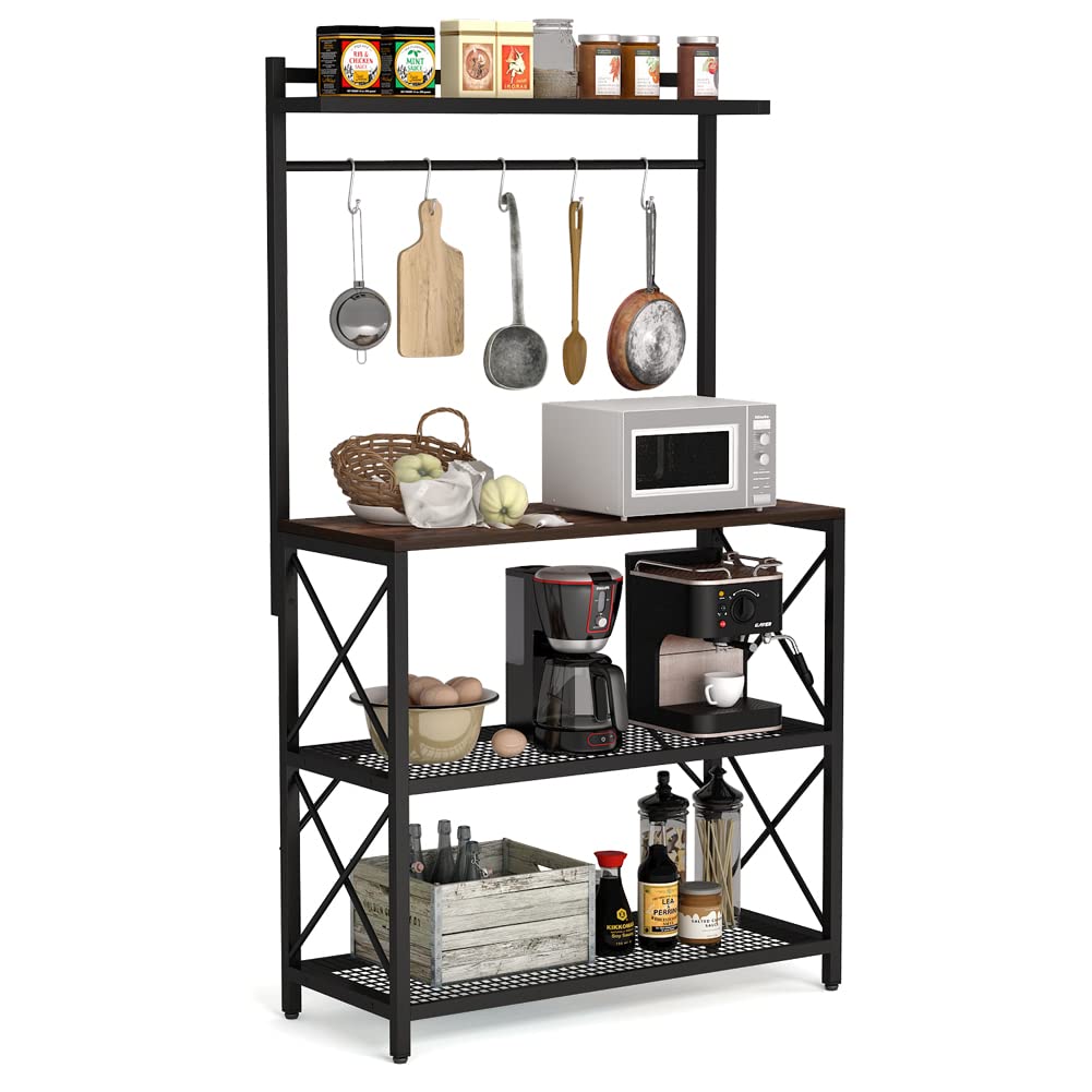 Tribesigns 4-Tier Industrial Kitchen Baker's Rack - Heavy Duty Microwave Stand with Storage Shelves & 5 Hooks - Vintage Style Utility Shelf for Spice Organization & Baking Workstation - Perfect for Small Kitchens, Pantries & Home Bakeries