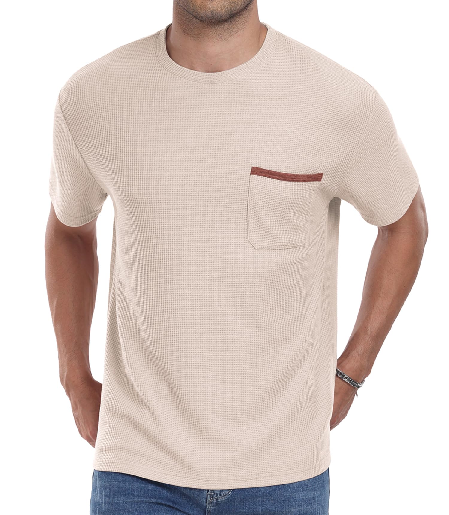 Men's Casual Short Sleeve Crew Neck T-Shirt - Soft Summer Tee with Waffle Texture & Pocket - Perfect for Beach, Travel & Everyday Wear