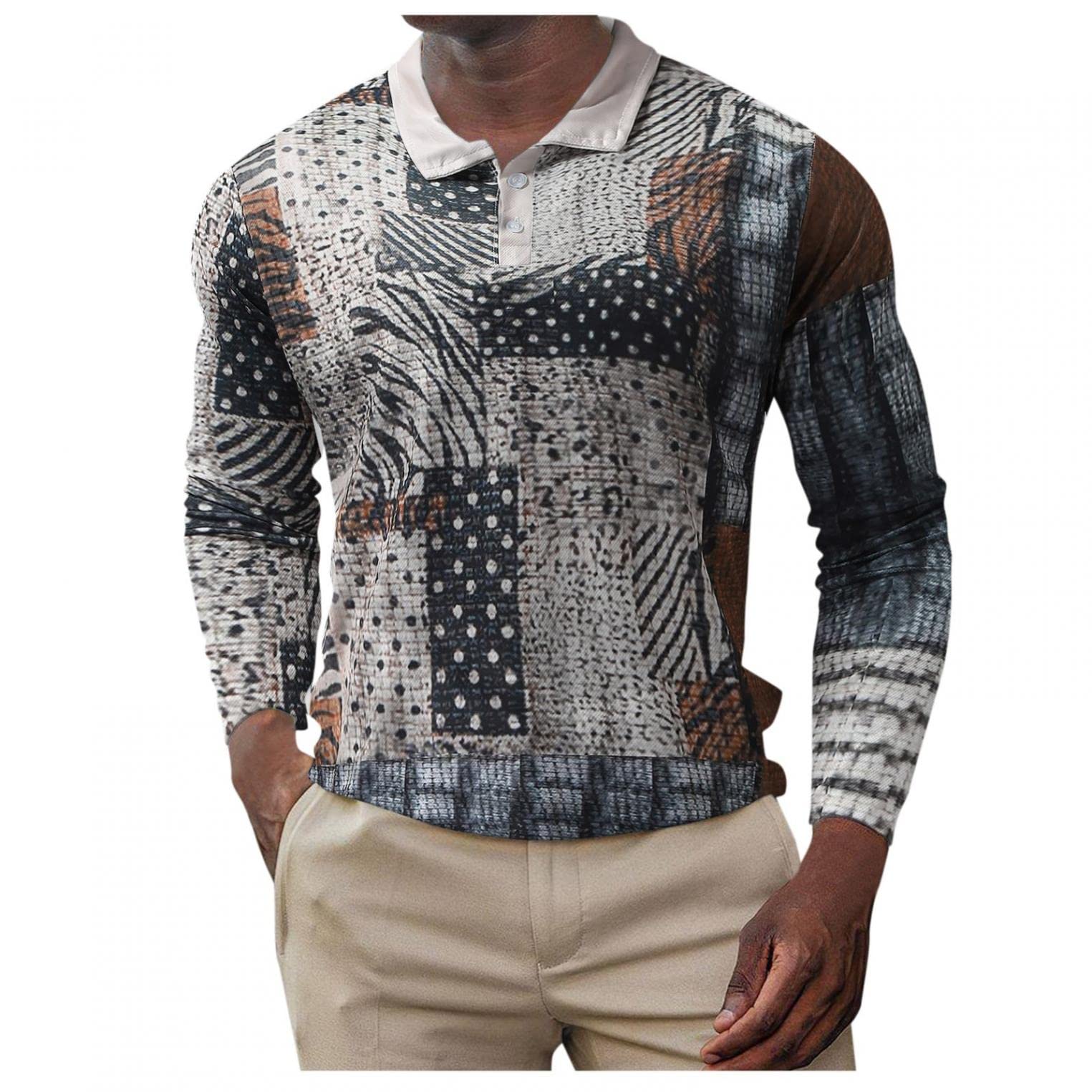 NOLDARES Men's Vintage Printed Long Sleeve Polo Shirts - Classic Fit Button Lapel Casual Tees for Golf, Work & Everyday Wear