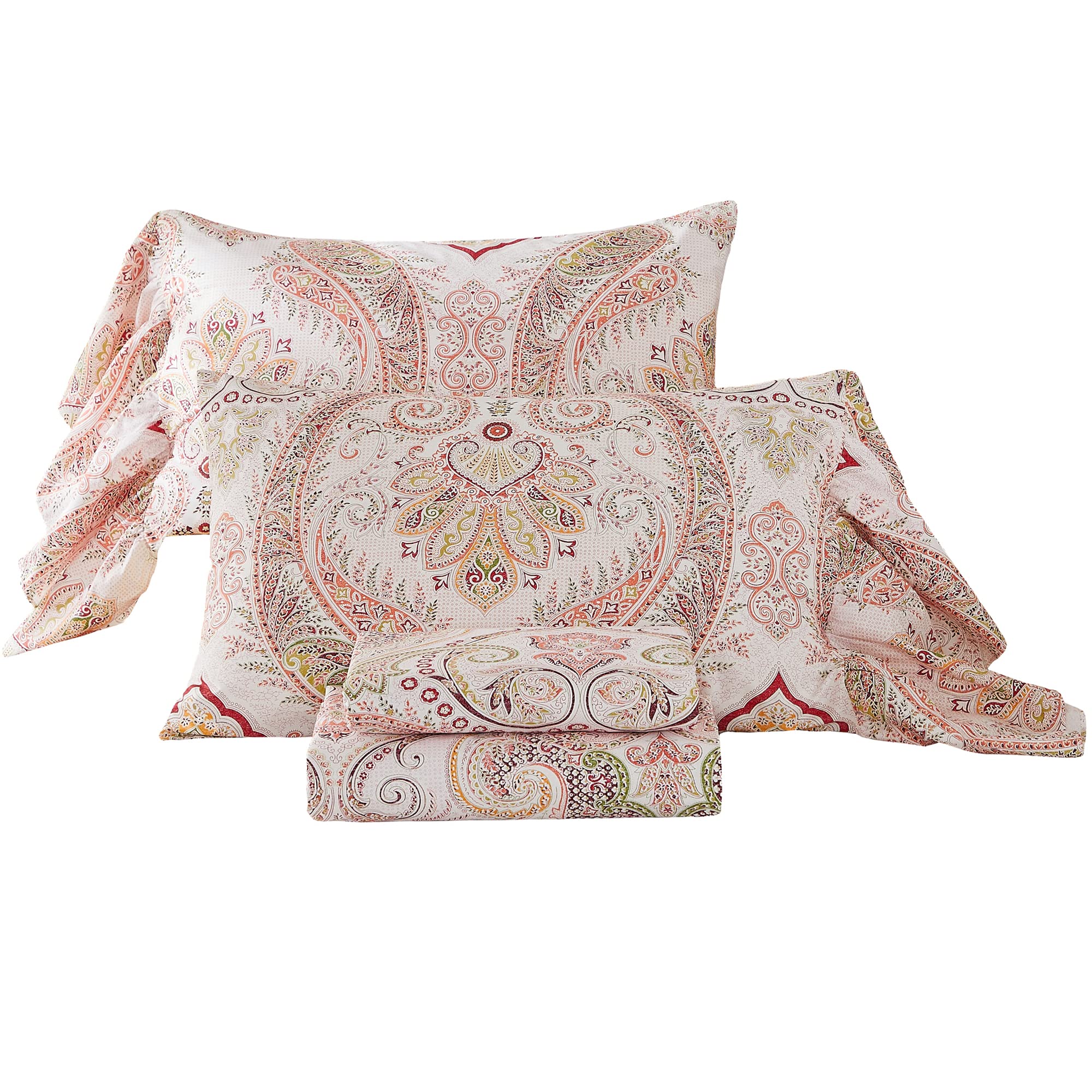 ABREEZE Pink Paisley Print 4-Piece Bed Sheet Set - 1000TC Egyptian Cotton Full Size Bohemian Bedding with Damask Medallion Design for Boho & Farmhouse Decor | Perfect for Guest Rooms, Master Bedrooms & Cozy Retreats