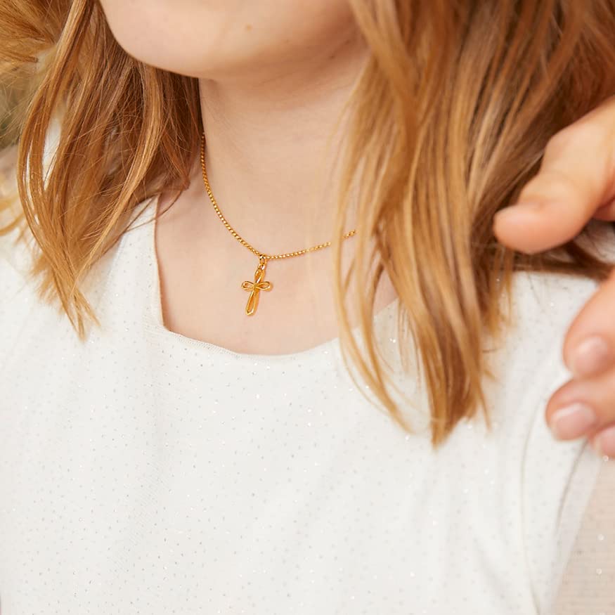 18K Gold Plated Sterling Silver Round Cherish Cross Necklace for Girls & Teens - Dainty Christian Jewelry Gift for Birthday, Baptism, Thanksgiving & Sweet 16 Celebrations | Perfect for Church, School & Special Occasions