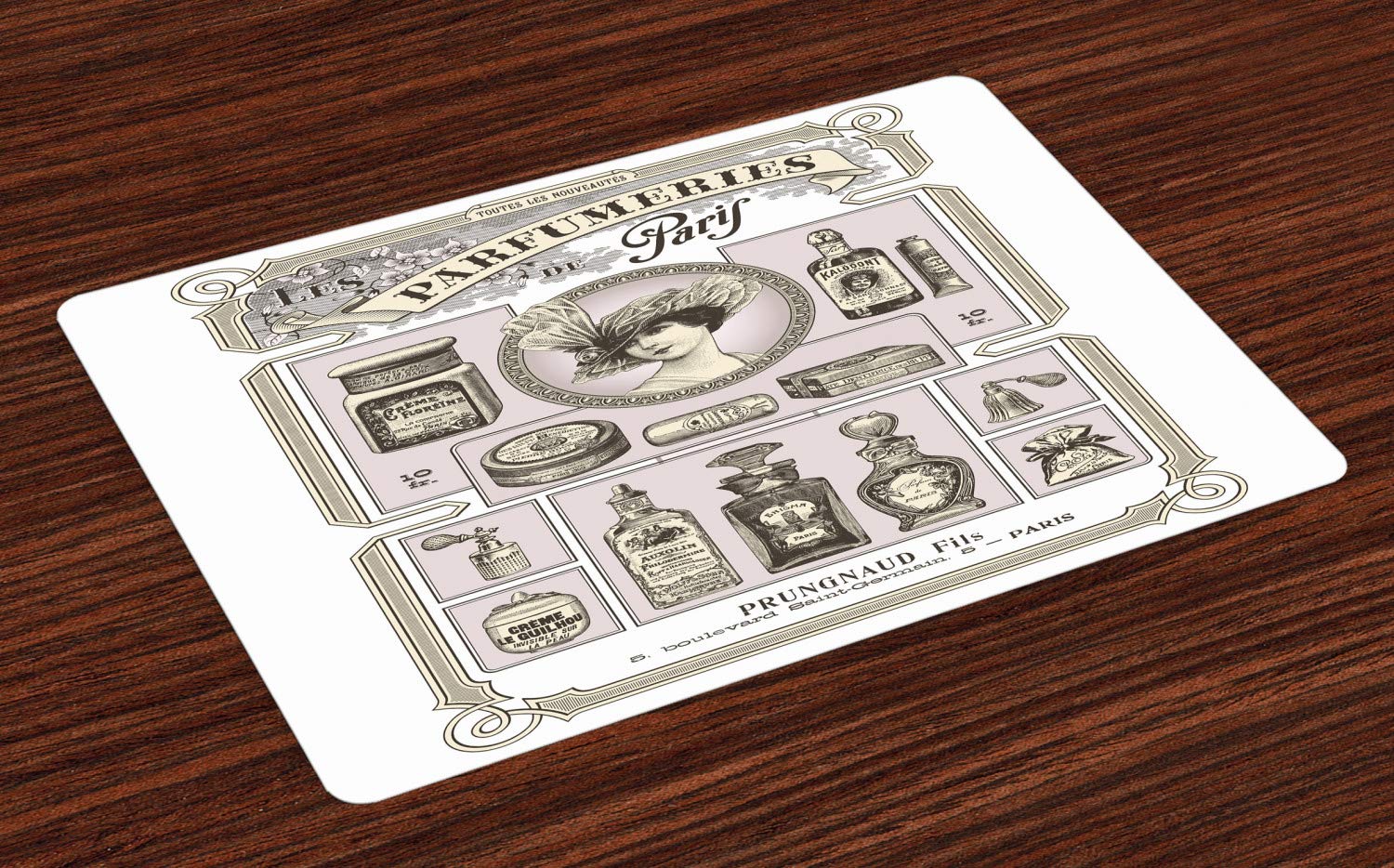 Ambesonne Vintage Placemats Set of 4 - Retro Perfumeries Poster Design in Pastel Pink & Cream | Washable Fabric Table Mats for Dining Room & Kitchen Decor | Perfect for Dinner Parties, Brunch & European-Themed Events