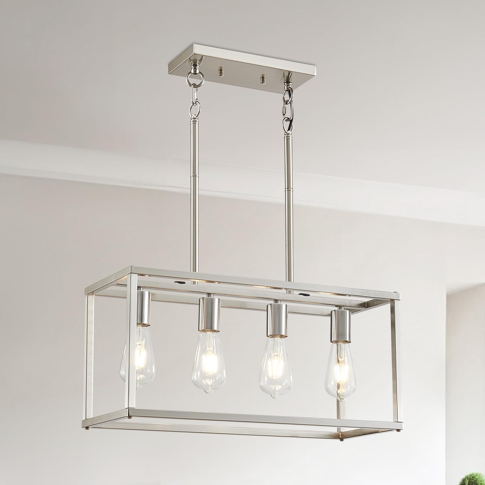 4-Light Farmhouse Chandelier Brushed Nickel - Modern Rectangular Dining Room & Kitchen Island Pendant Light Fixture with Adjustable Height, E26 Base - Perfect for Farmhouse, Rustic, and Contemporary Home Decor