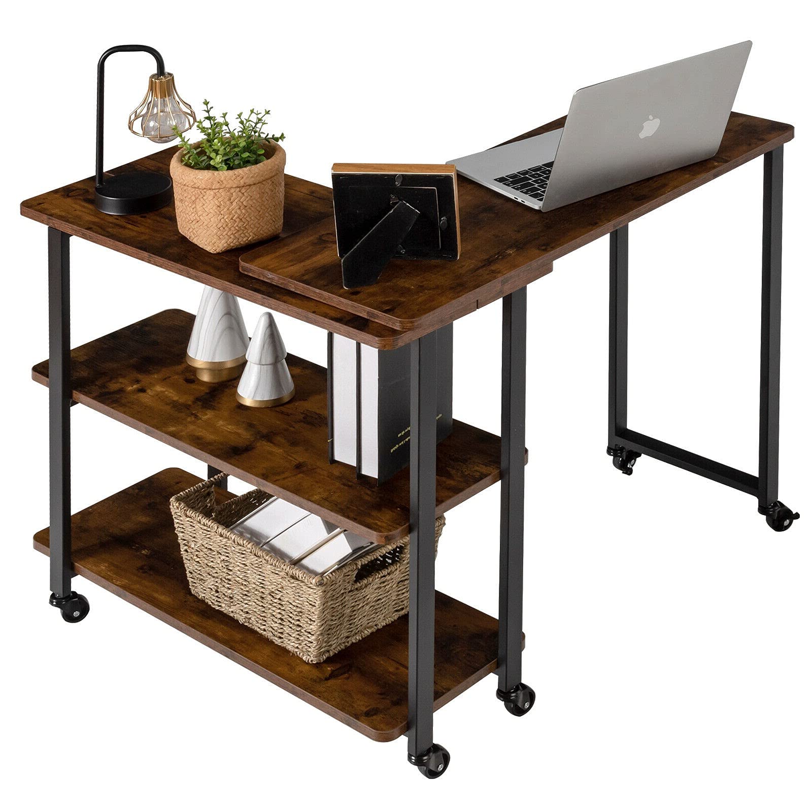 360° Rotating Rustic Brown L-Shaped Side Table with 2-Tier Storage Shelf - End Table, Bookcase & Laptop Workstation for Living Room, Office & Study - Sturdy Metal Frame Design