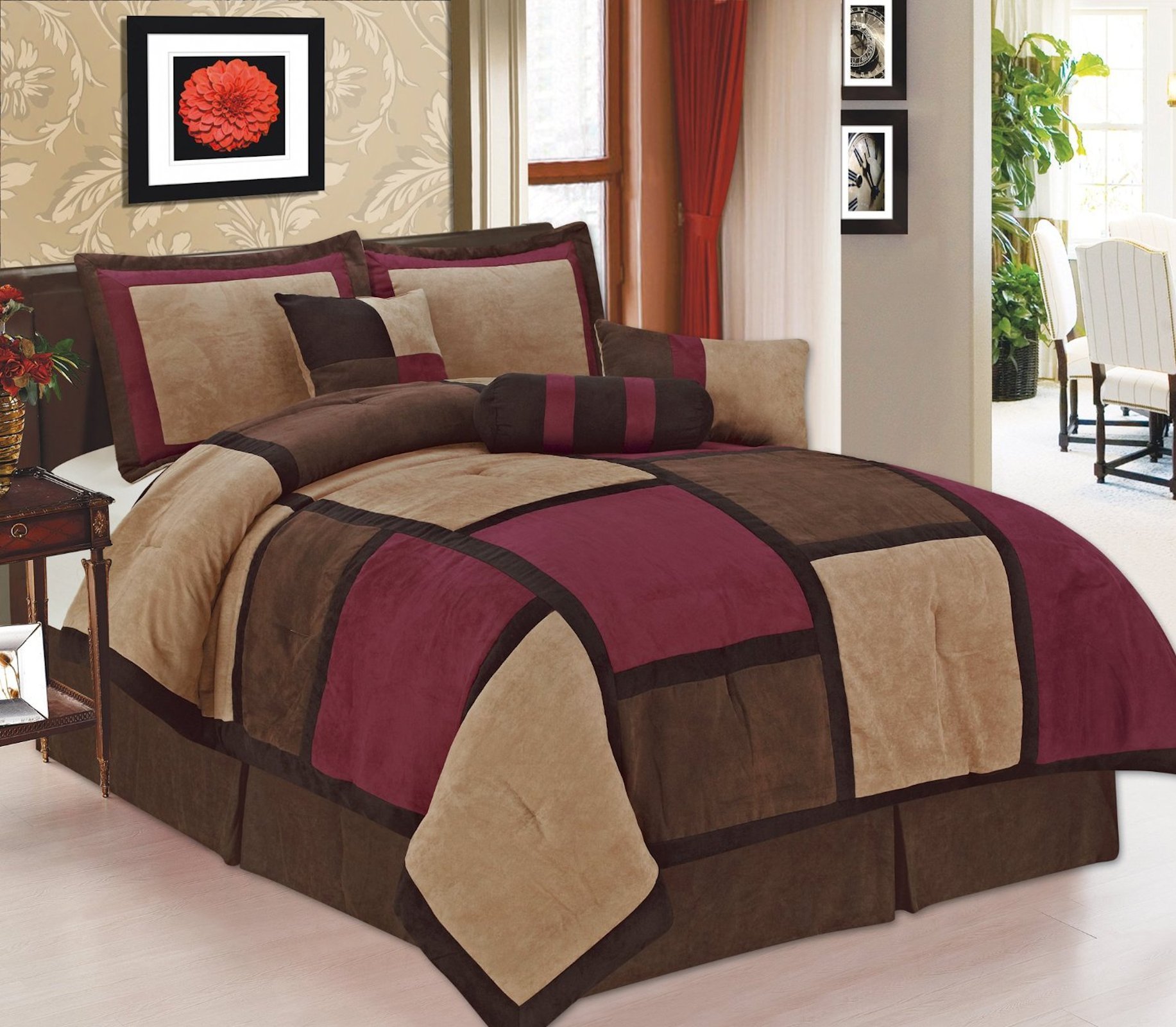 Legacy Decor 7-Piece Brown Burgundy & Beige Micro Suede Patchwork Comforter Set - Queen Size Bed in a Bag, Washable & Durable - Perfect for Master Bedroom, Guest Room, or Dorm Decor